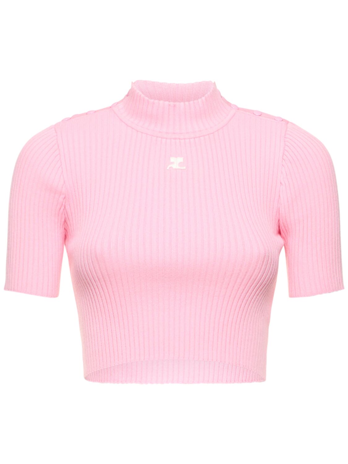 Courrèges Shoulder Snaps Rib Knit Crop Sweater In Pink