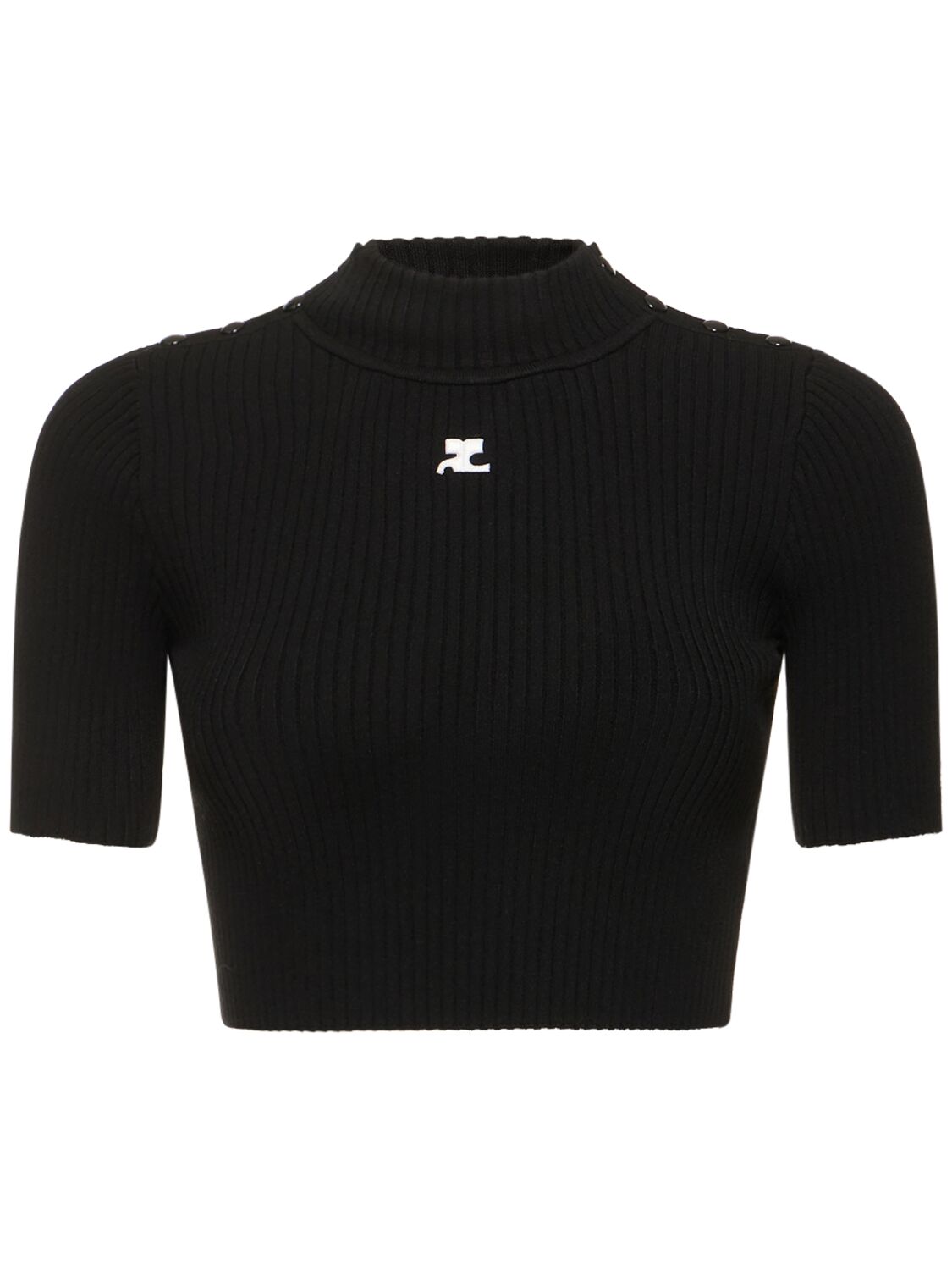 Shop Courrèges Shoulder Snaps Rib Knit Crop Sweater In Black