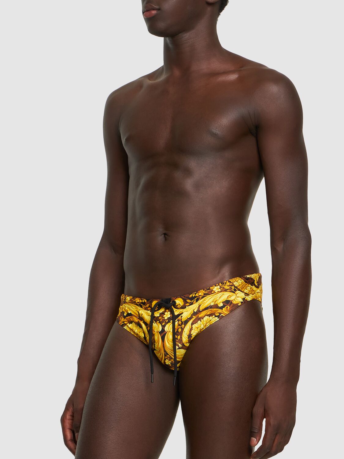 Shop Versace Cocco Barocco Printed Tech Swimsuit In Caramel