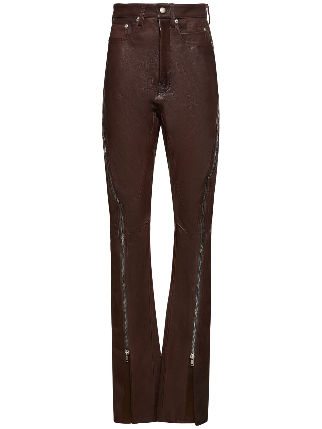 Rick Owens Bolan Banana Cotton-paneled Leather Flared Trousers In Brown