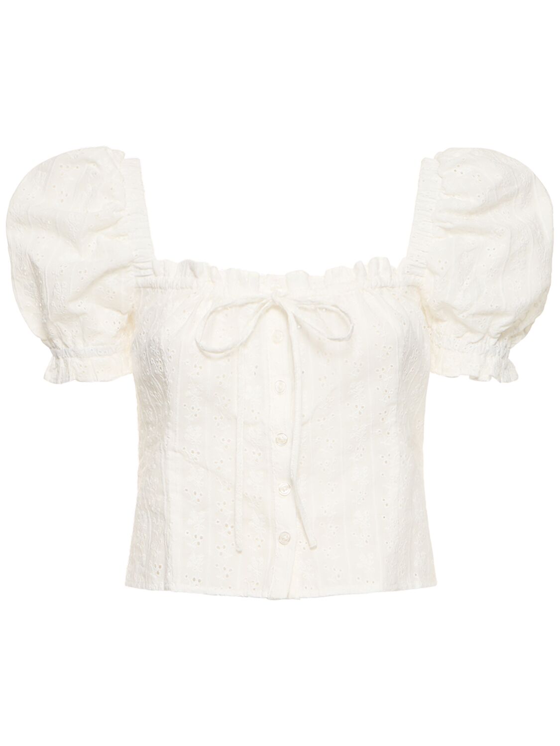 Weworewhat Cotton Eyelet Lace Puff Sleeve Top In White
