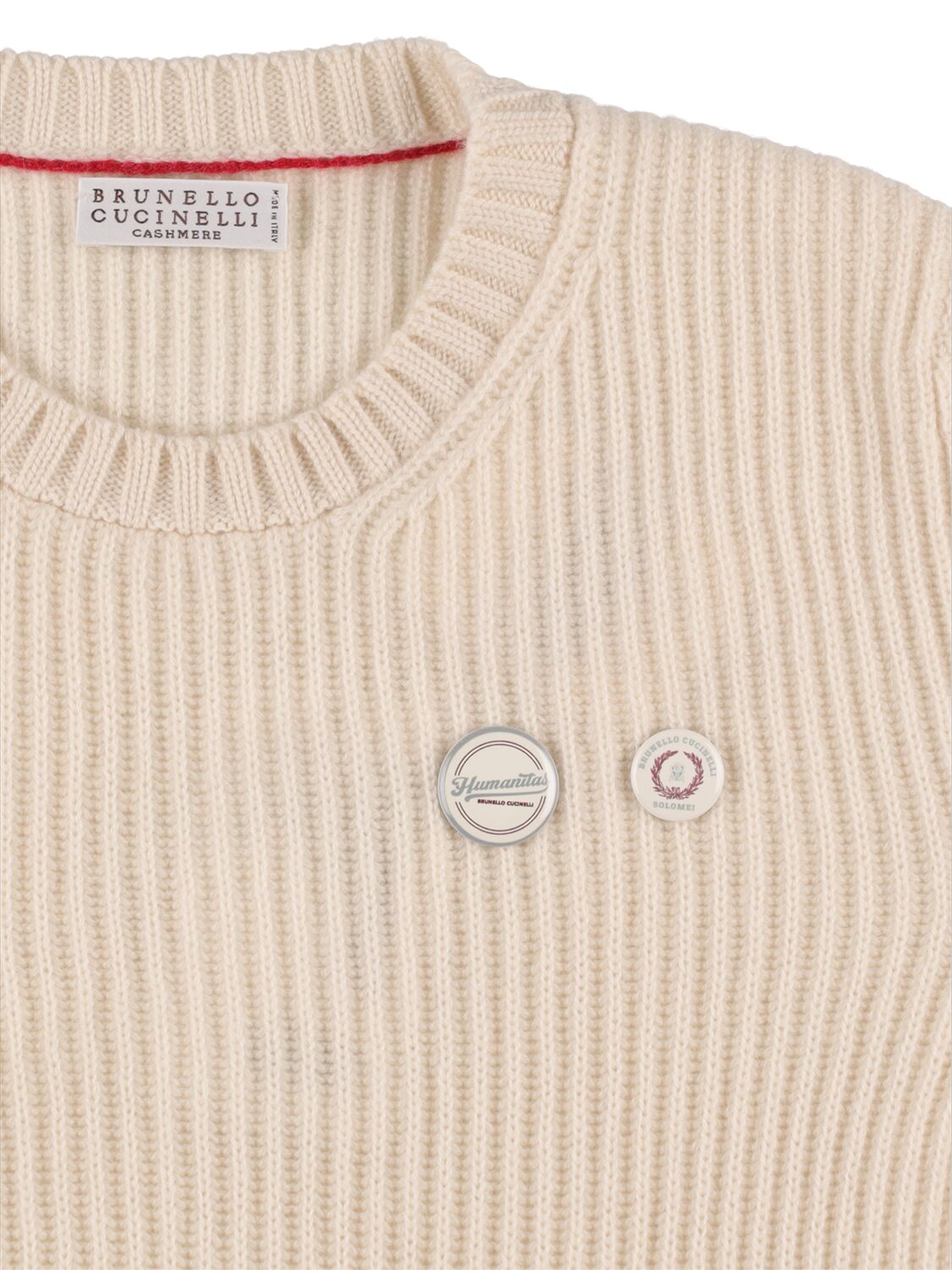 Shop Brunello Cucinelli Ribbed Cashmere Sweater W/brooches In Beige