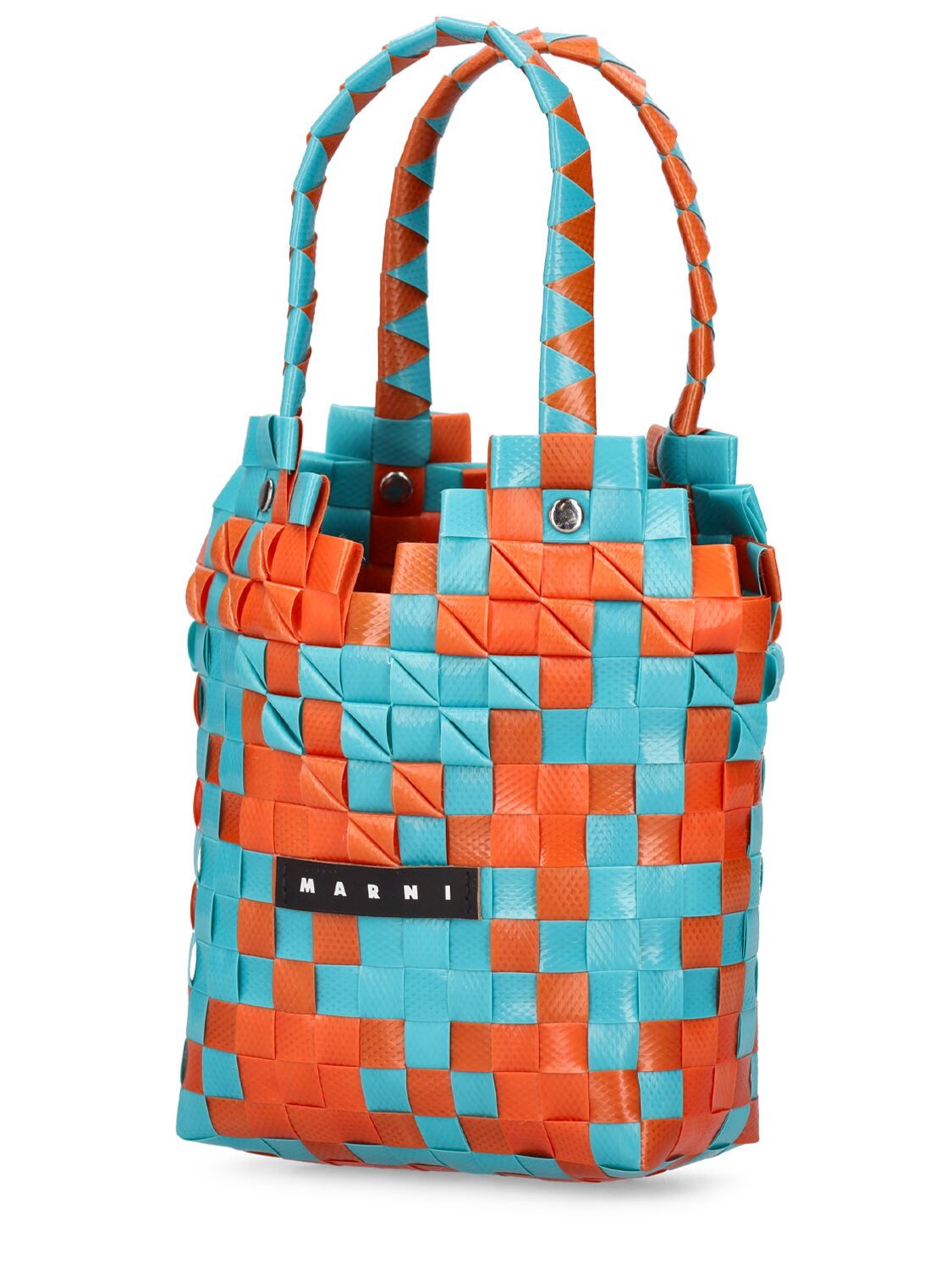 Shop Marni Junior Heart Top Check Woven Handbag W/ Logo In Multicolor
