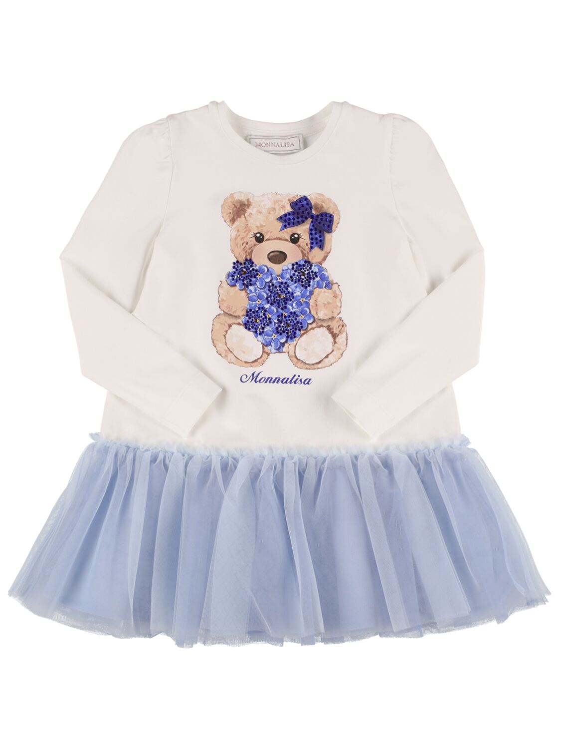 Monnalisa Kids' Bear Print Cotton Jersey & Tulle Dress In White,blue