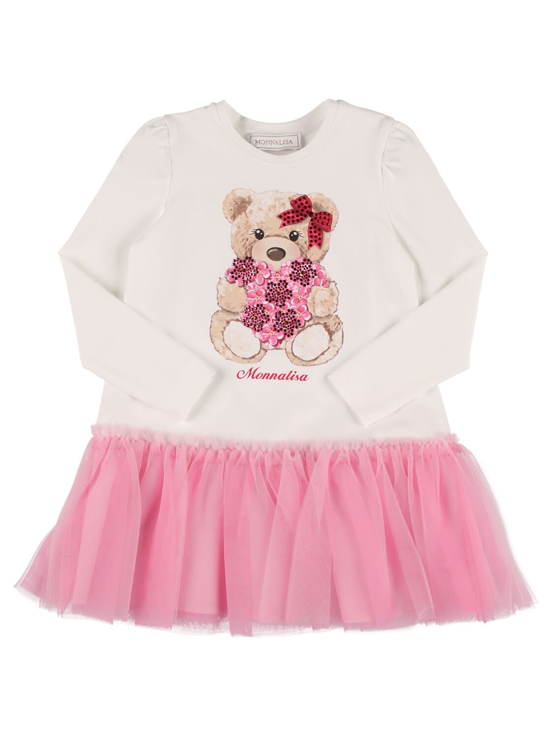 Shop Monnalisa Bear Print Cotton Jersey & Tulle Dress In White,pink