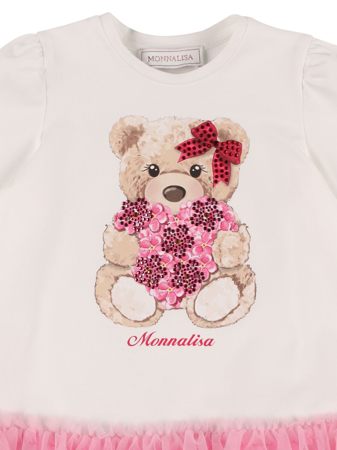Shop Monnalisa Bear Print Cotton Jersey & Tulle Dress In White,pink
