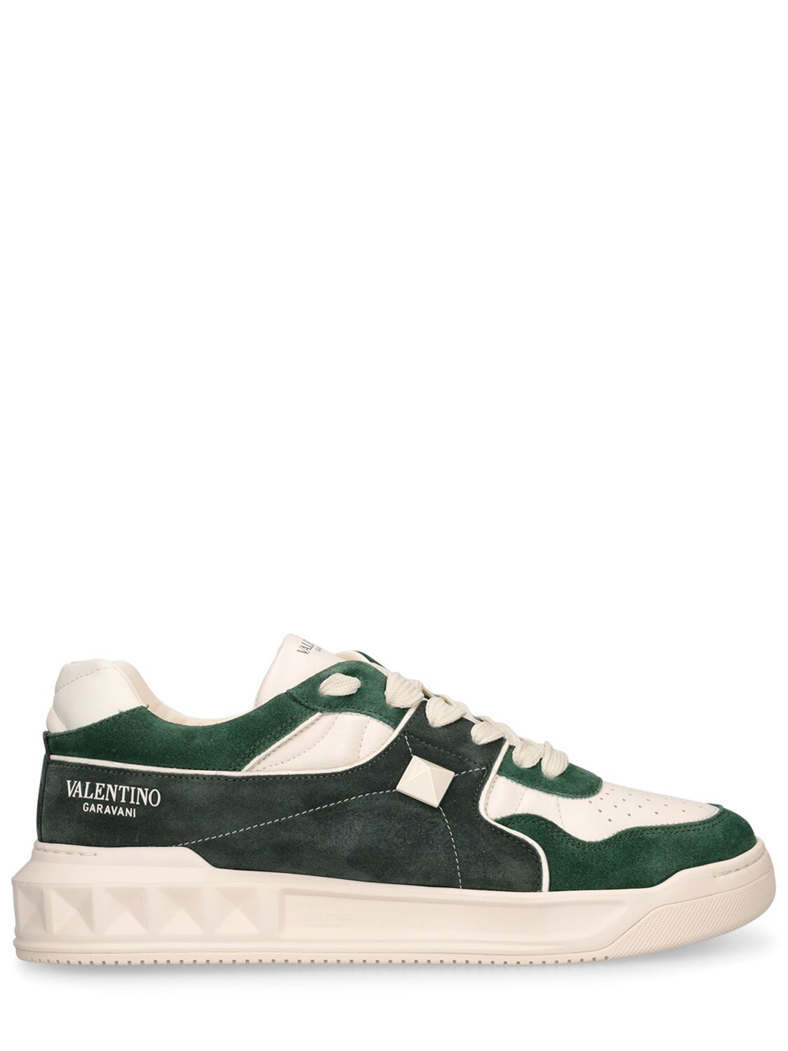 Valentino Garavani One Stud Suede Low Top Sneakers In White,green