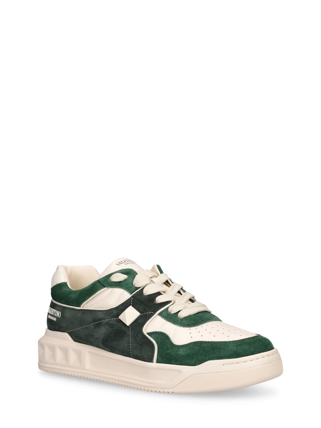 Shop Valentino One Stud Suede Low Top Sneakers In White,green
