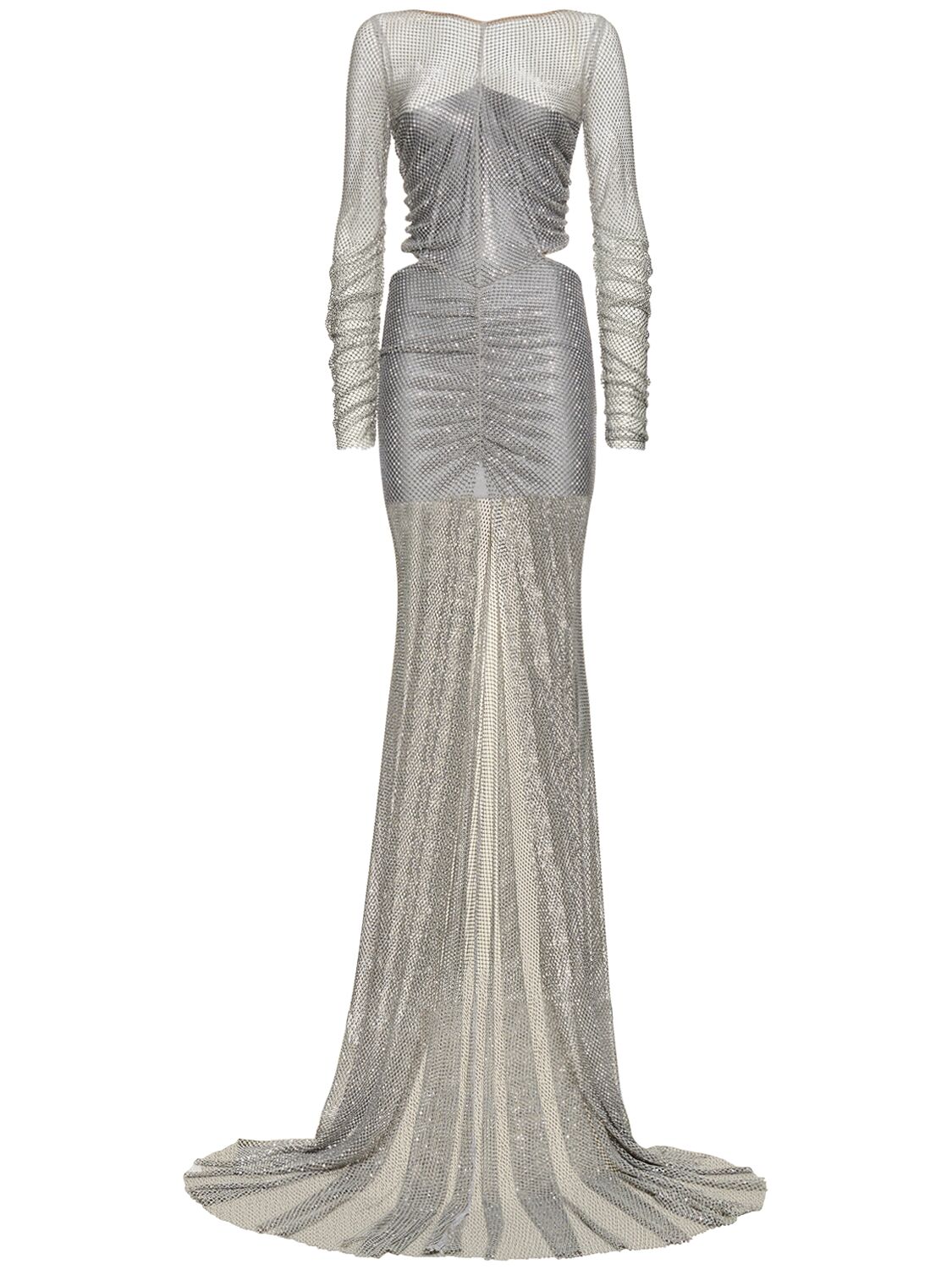 Giuseppe Di Morabito Embellished Embroidered Mesh Long Dress In Silver