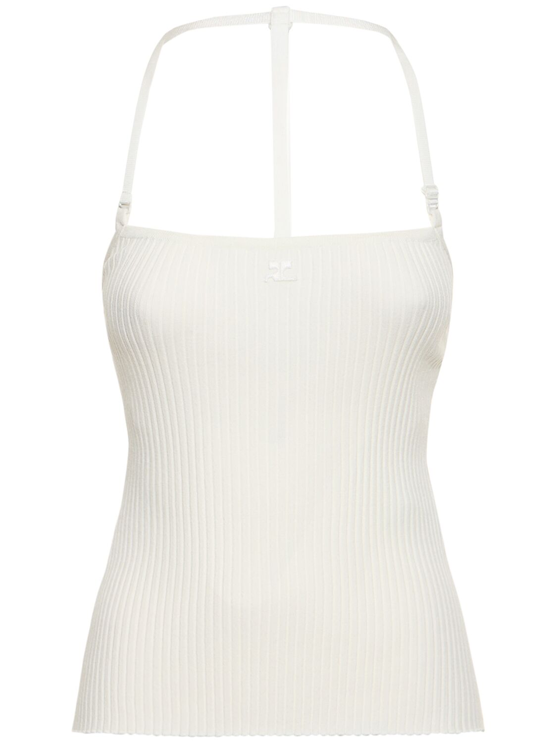 Shop Courrèges Strap Rib Knit Viscose Blend Tank Top In White