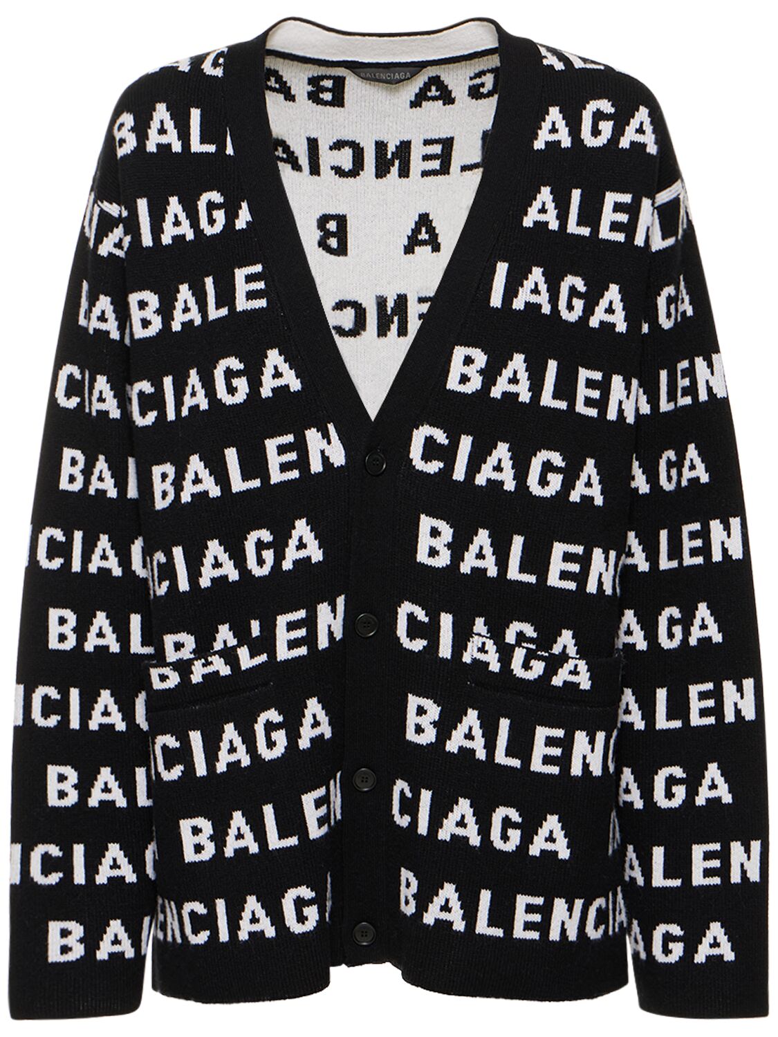 Balenciaga Logo Intarsia Wool Cardigan In Black,white