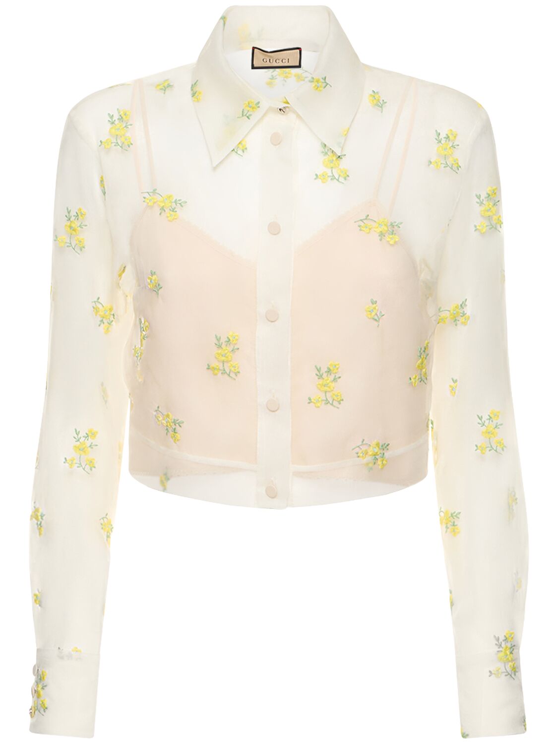 Gucci Embroidered Silk Organza Shirt In White,multi