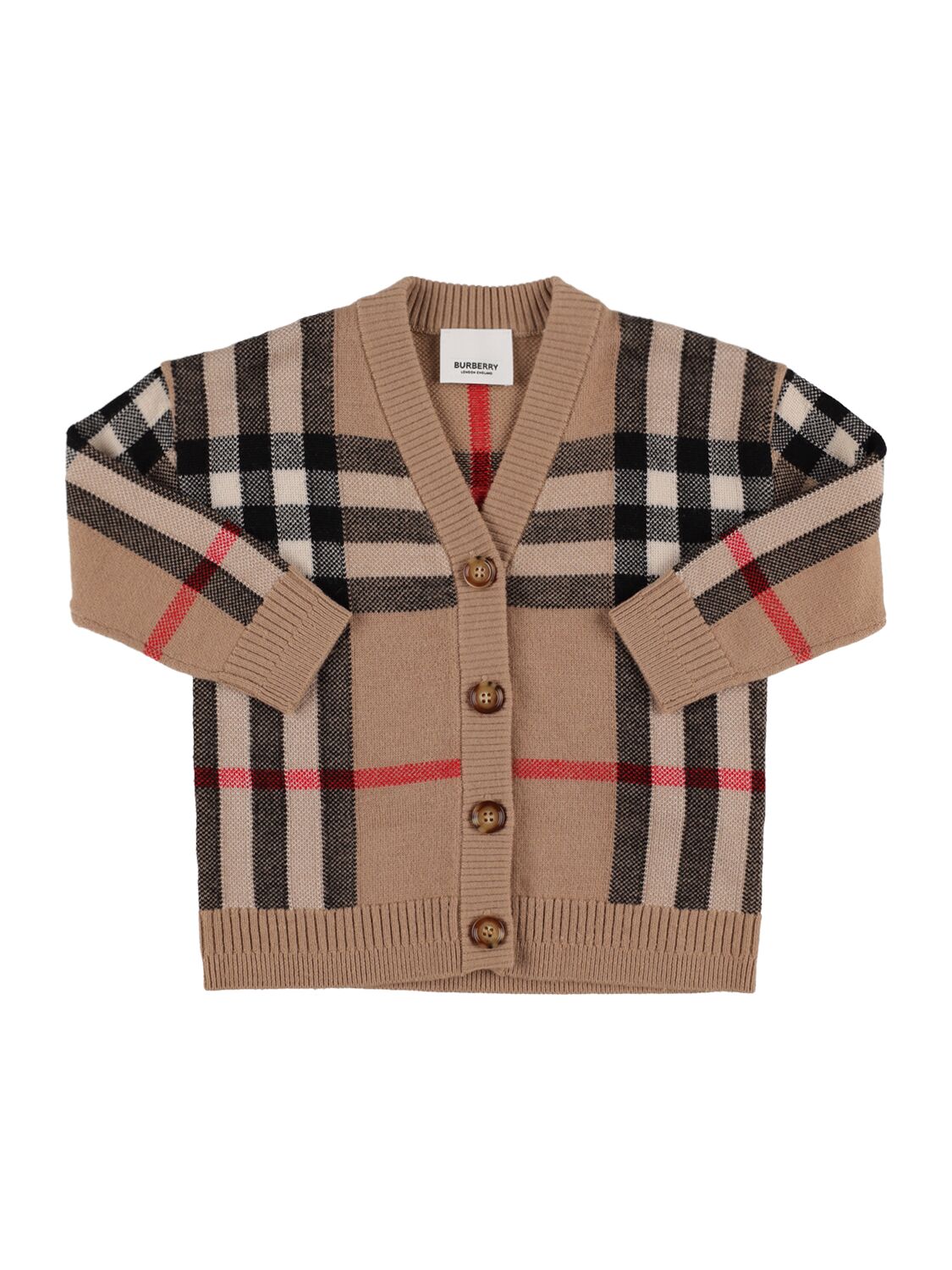 Burberry Kids' Check Print Wool Blend Knit Cardigan In Brown