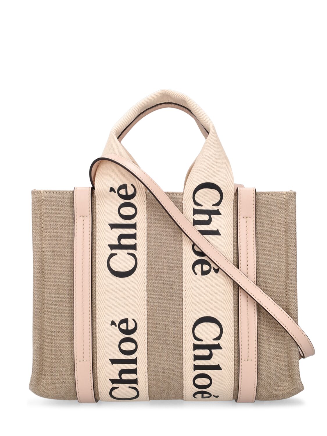 Shop Chloé Small Woody Canvas Top Handle Bag In Beige,pink