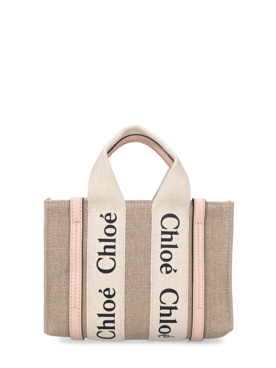 Chloé Mini Woody Canvas Top Handle Bag In Beige,pink