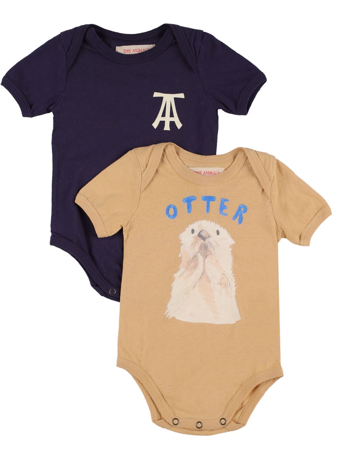 The Animals Observatory Babies' Set Of 2 Printed Cotton Jersey Bodysuits In Beige,navy