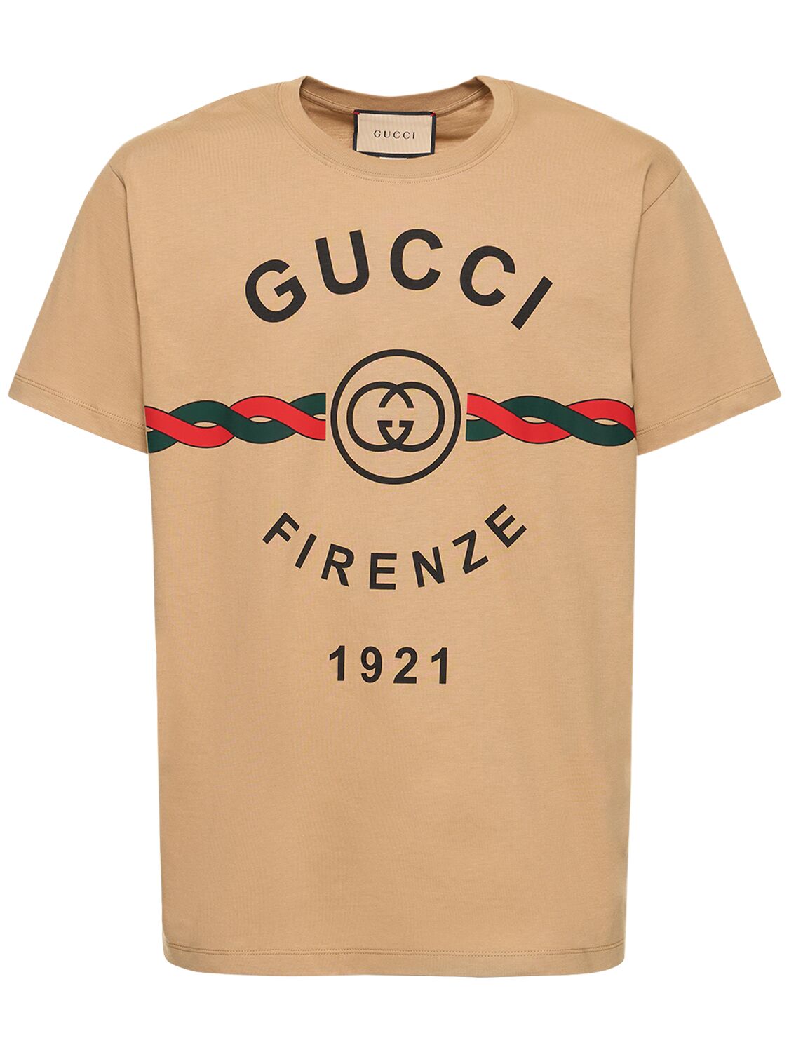 Shop Gucci Logo Printed Cotton T-shirt In Camel,multi