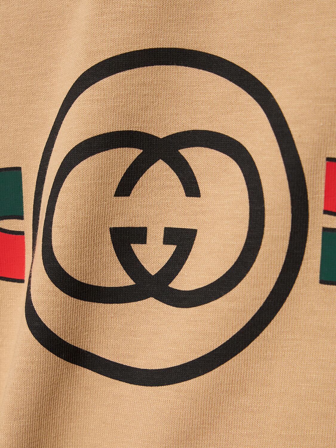 Shop Gucci Logo Printed Cotton T-shirt In Camel,multi