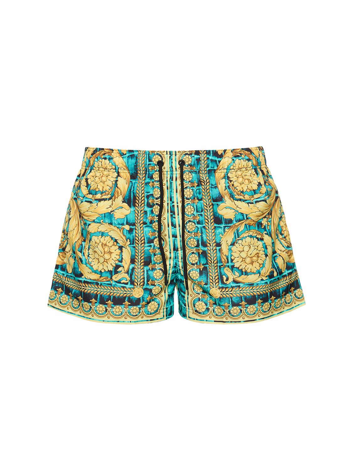 Versace Nylon Golfo Cocco Barocco Print Swim Shorts In Green
