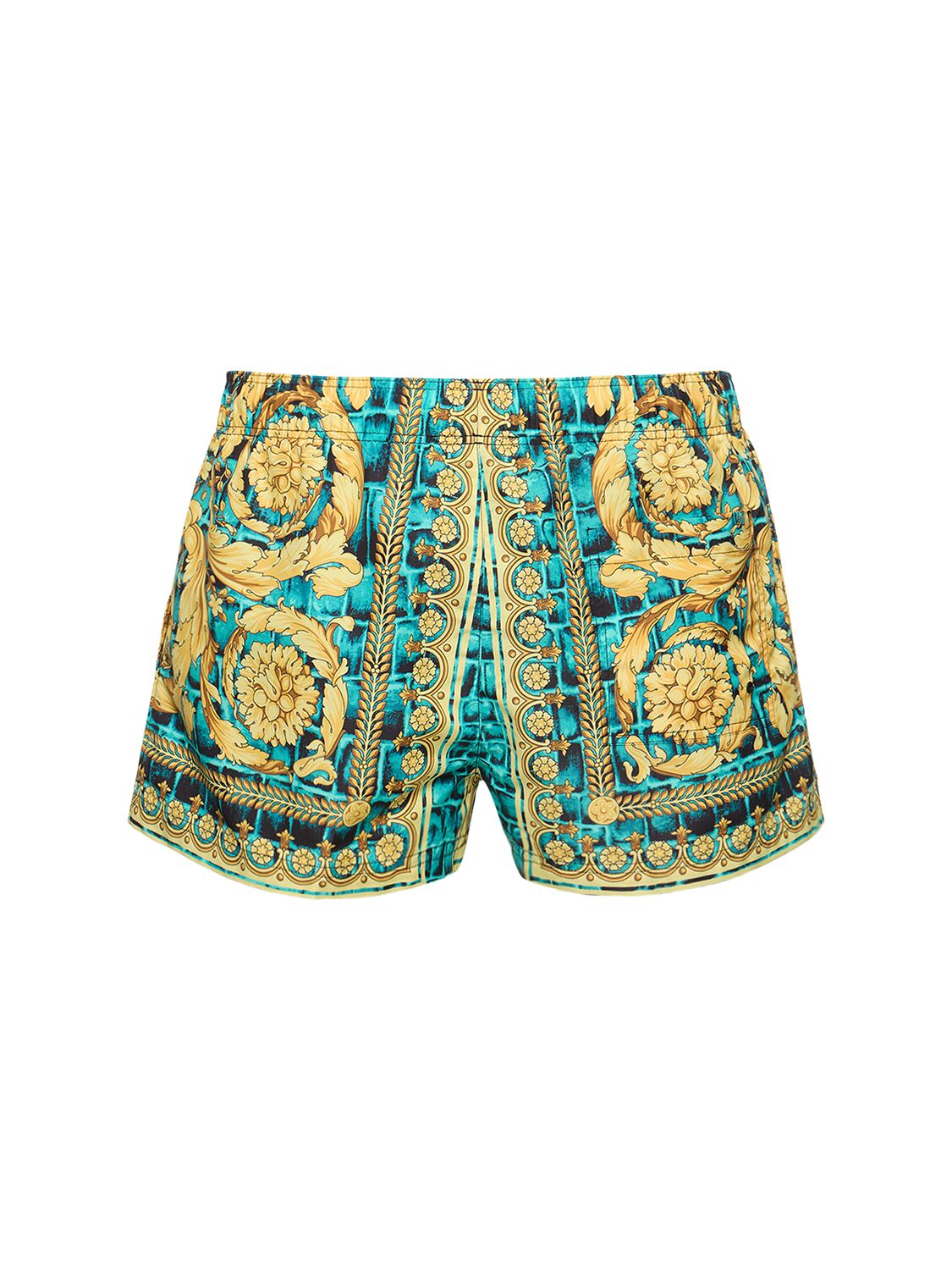 Shop Versace Cocco Barocco Printed Nylon Swim Shorts In Glacier Blue
