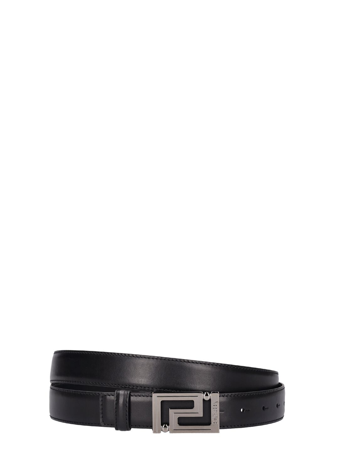 Versace Logo Leather Belt In Black,silver