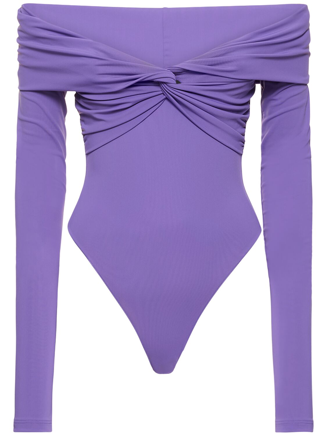 Shop The Andamane Kendall Off The Shoulder Lycra Bodysuit In Purple