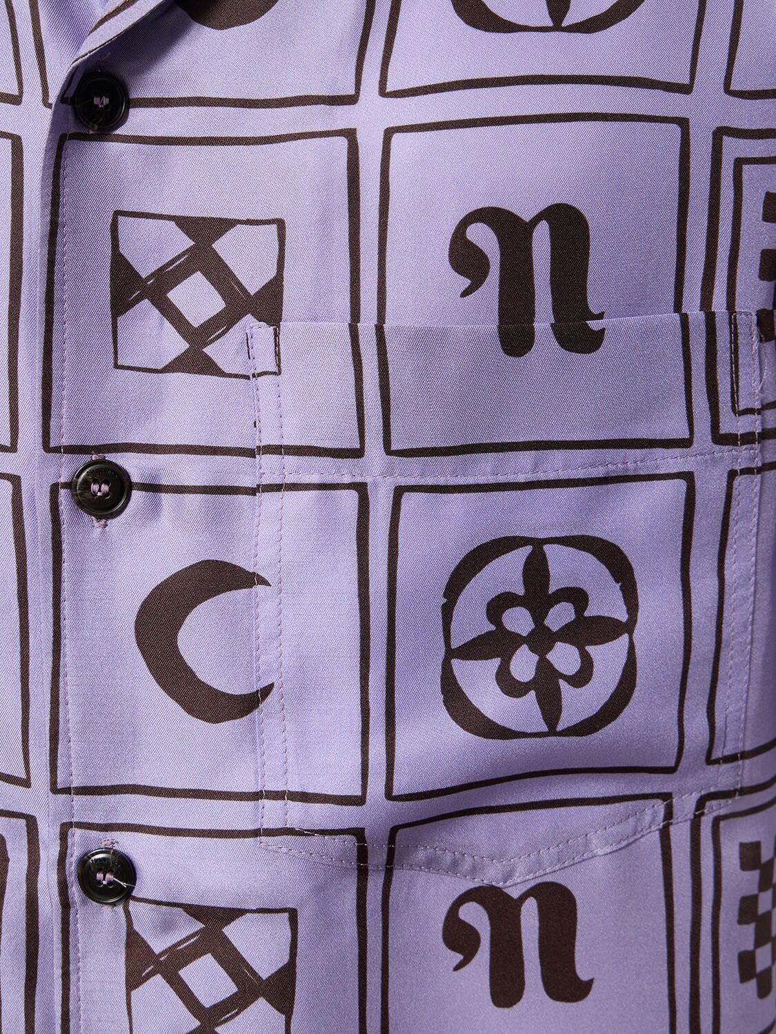 Shop Nanushka Printed Silk Twill  S/s Bowling Shirt In Lilac