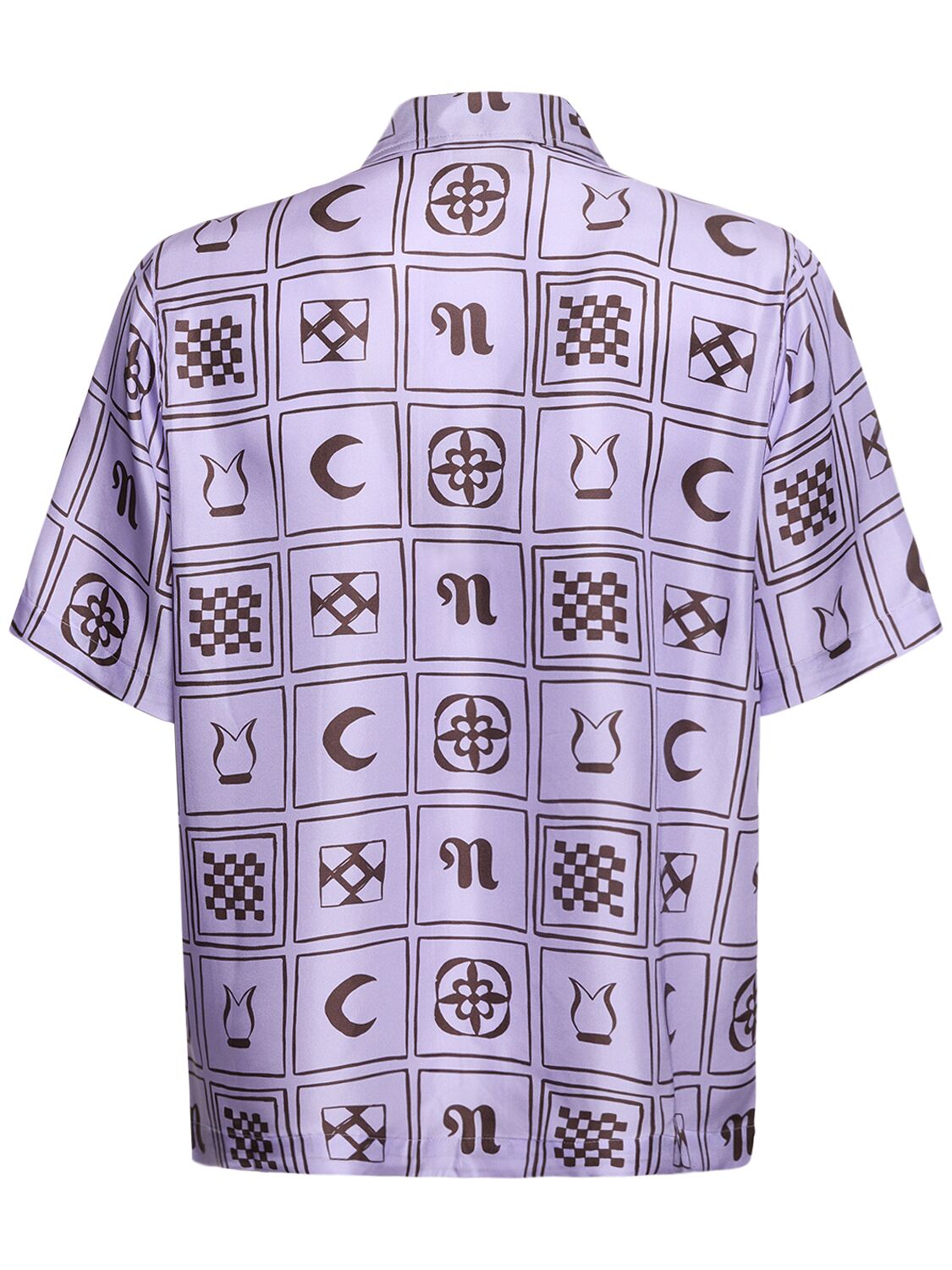 Shop Nanushka Printed Silk Twill  S/s Bowling Shirt In Lilac