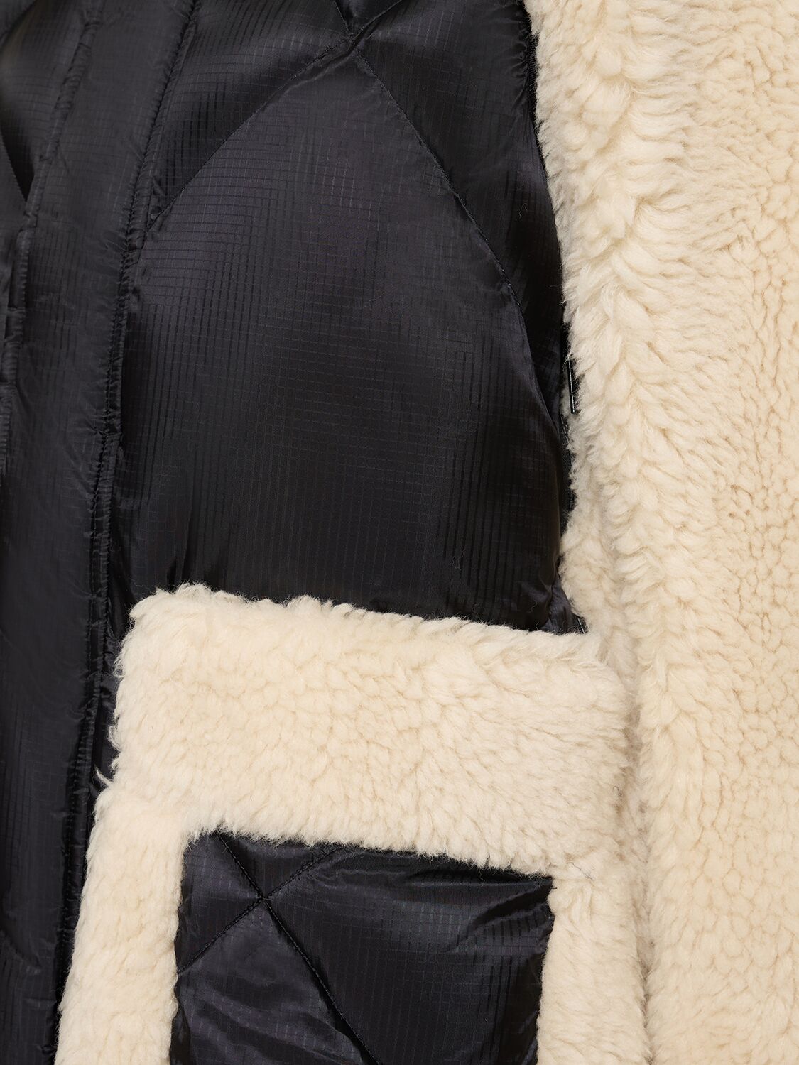 Shop Sacai Faux Shearling & Quilted Nylon Jacket In Black,ecru