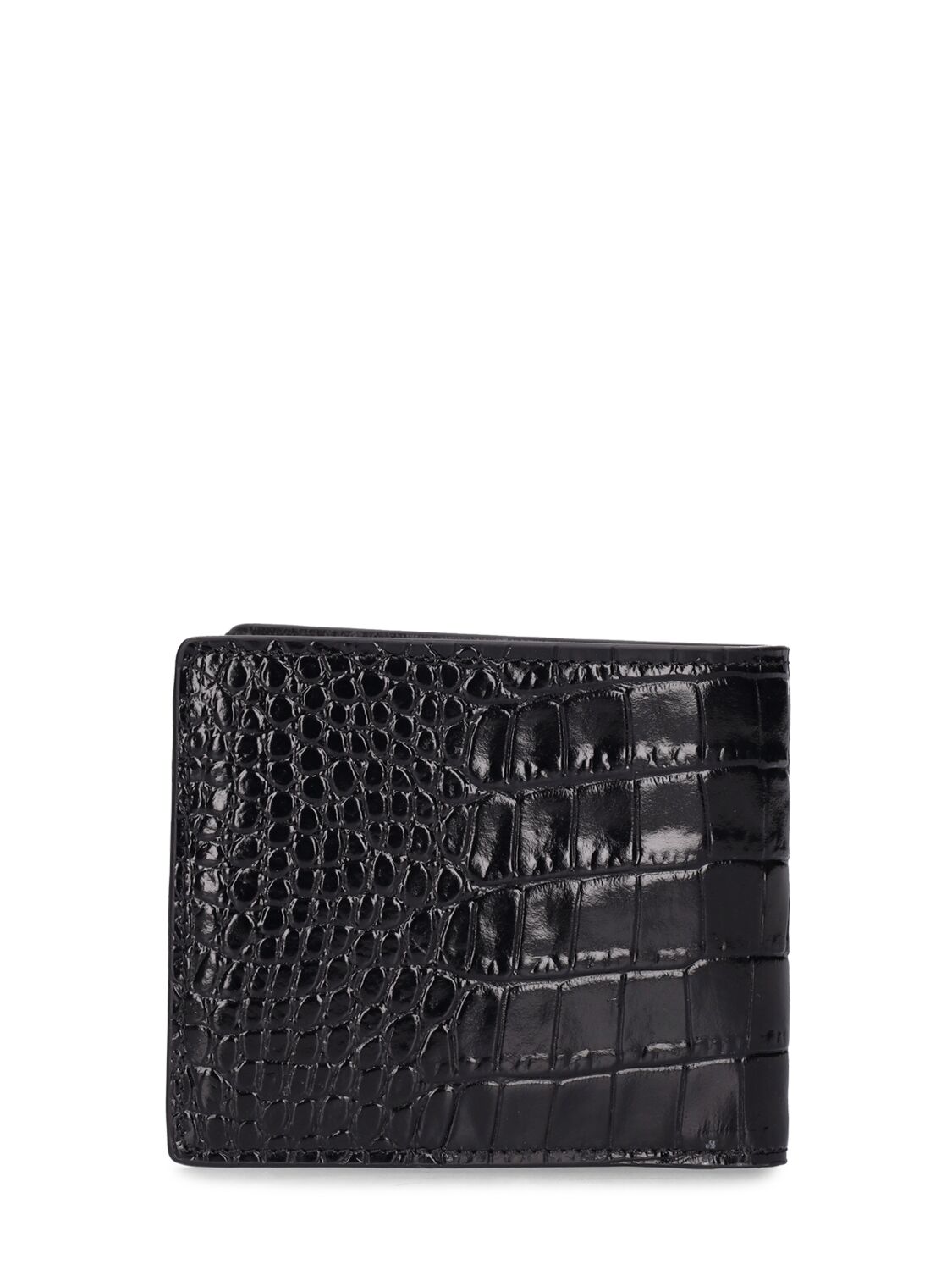 Shop Versace Croc Embossed Bifold Wallet In Black,silver