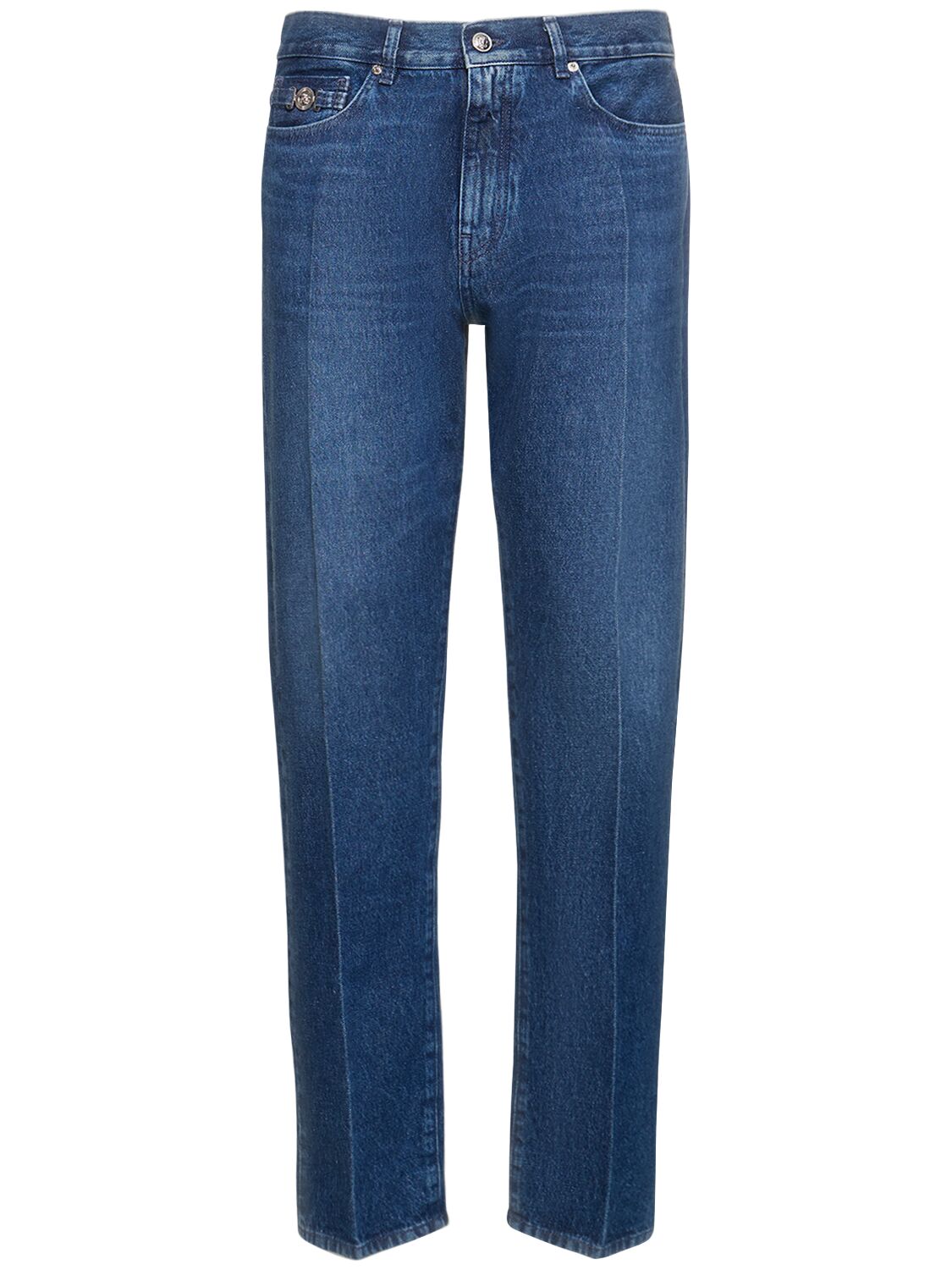 Versace Stonewashed Cotton Denim Straight Trousers In Blue