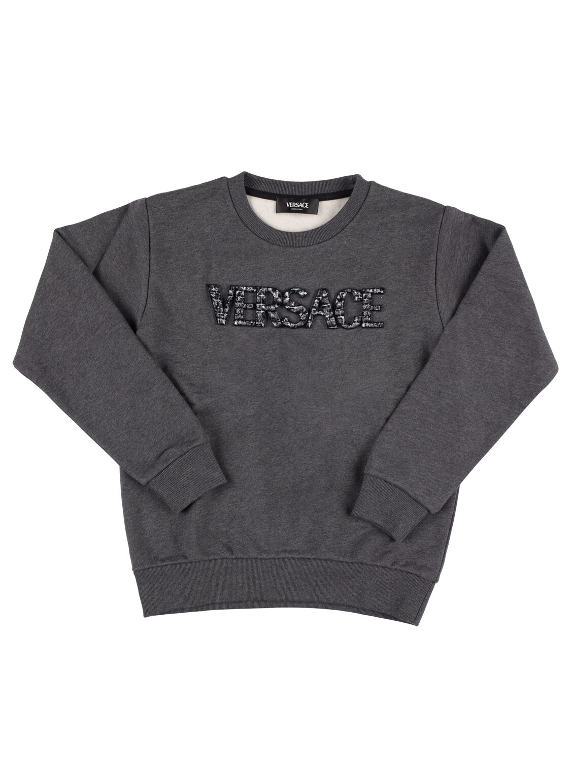 Shop Versace Embroidered Logo Cotton Sweatshirt In Grey