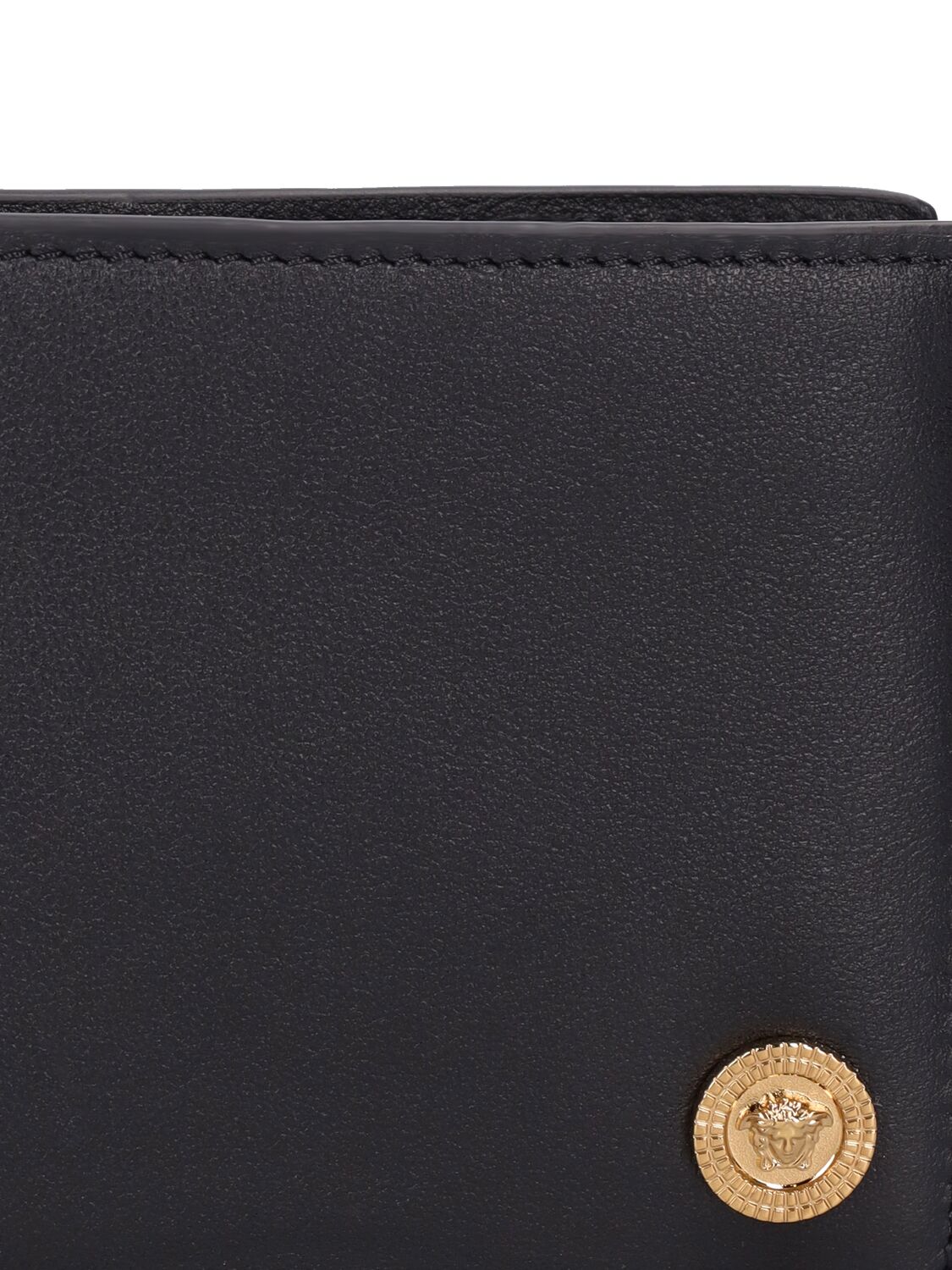 Shop Versace Leather Logo Bifold Wallet In Black,gold