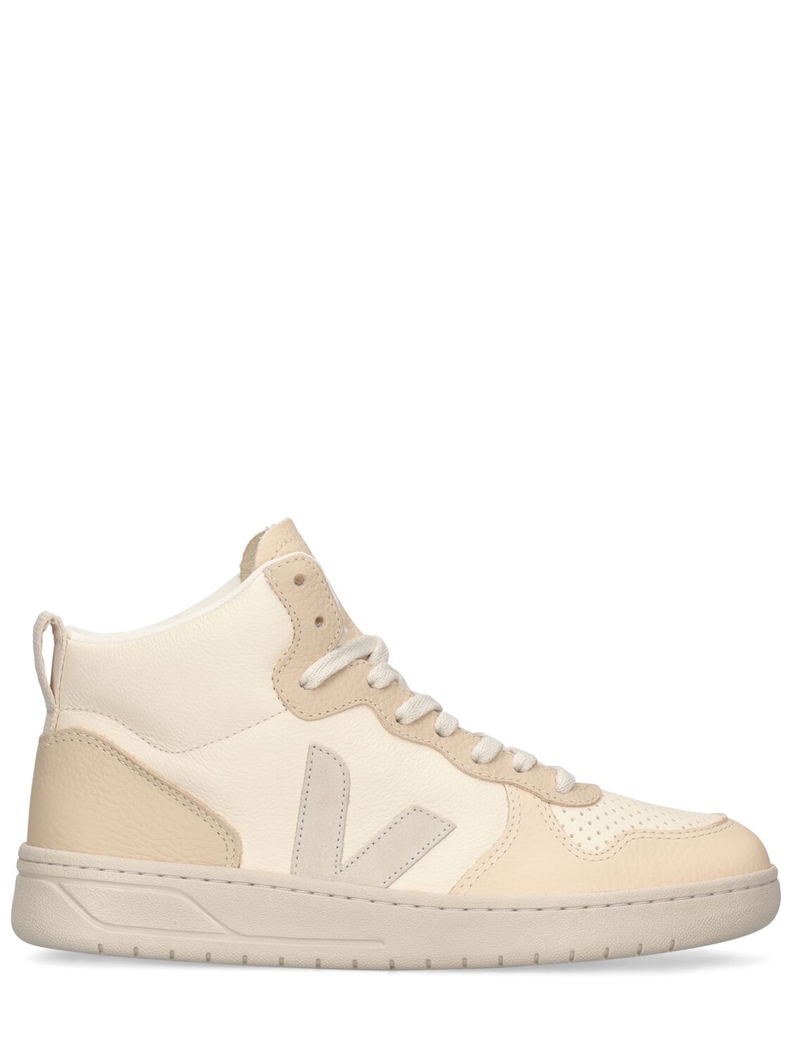 Shop Veja V-15 Leather Sneakers In Beige,white