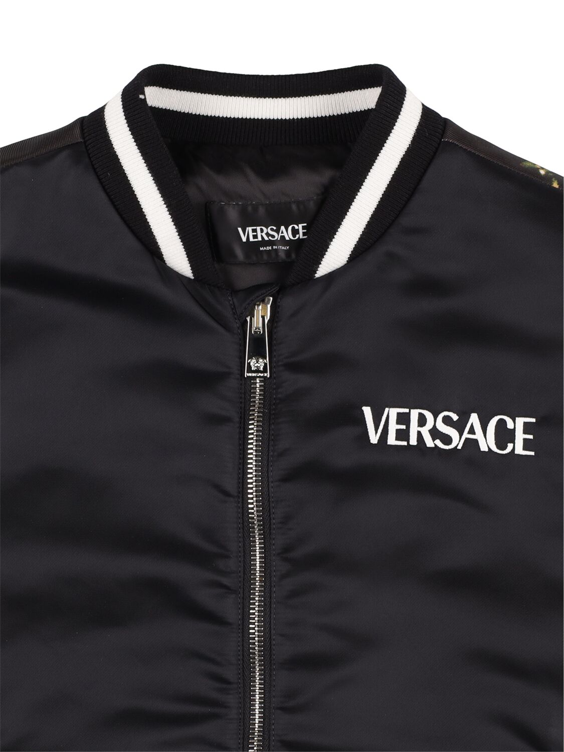 Shop Versace Embroidered Logo Silk Bomber Jacket In Black