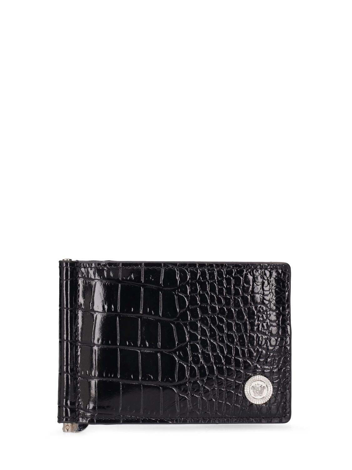Versace Croc Embossed Leather Wallet In Gray