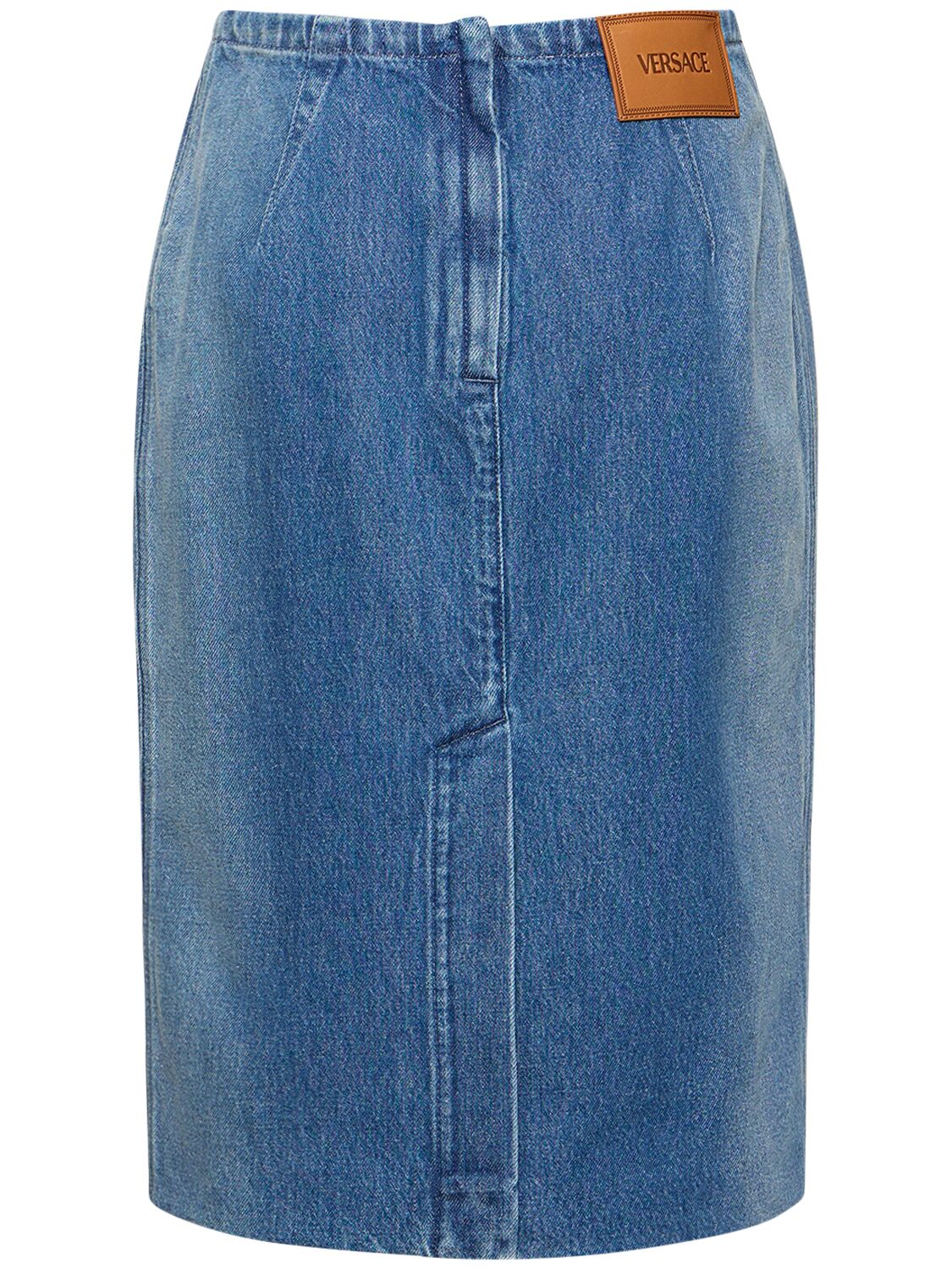 Shop Versace Denim Pencil Skirt W/ Back Slit In Blue