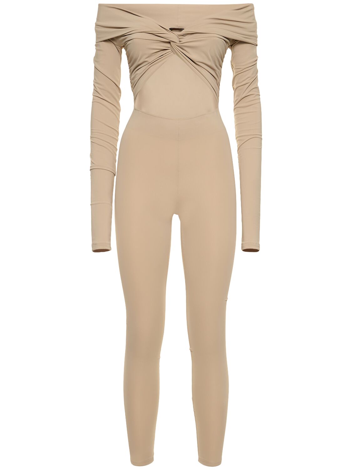 The Andamane Kendall Matte Lycra Cutout Jumpsuit In Beige
