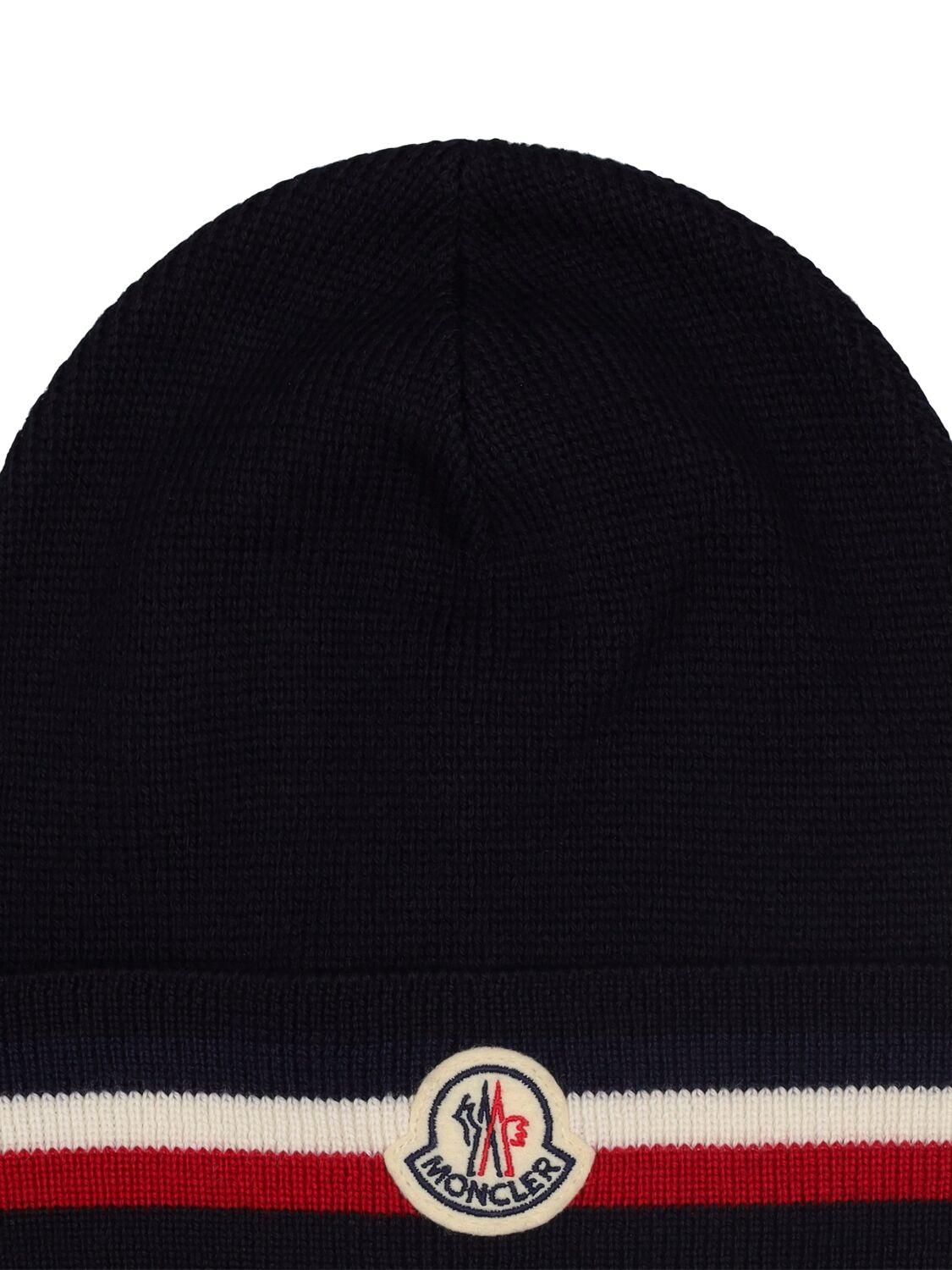 Shop Moncler Extrafine Wool Tricolor Beanie In Navy