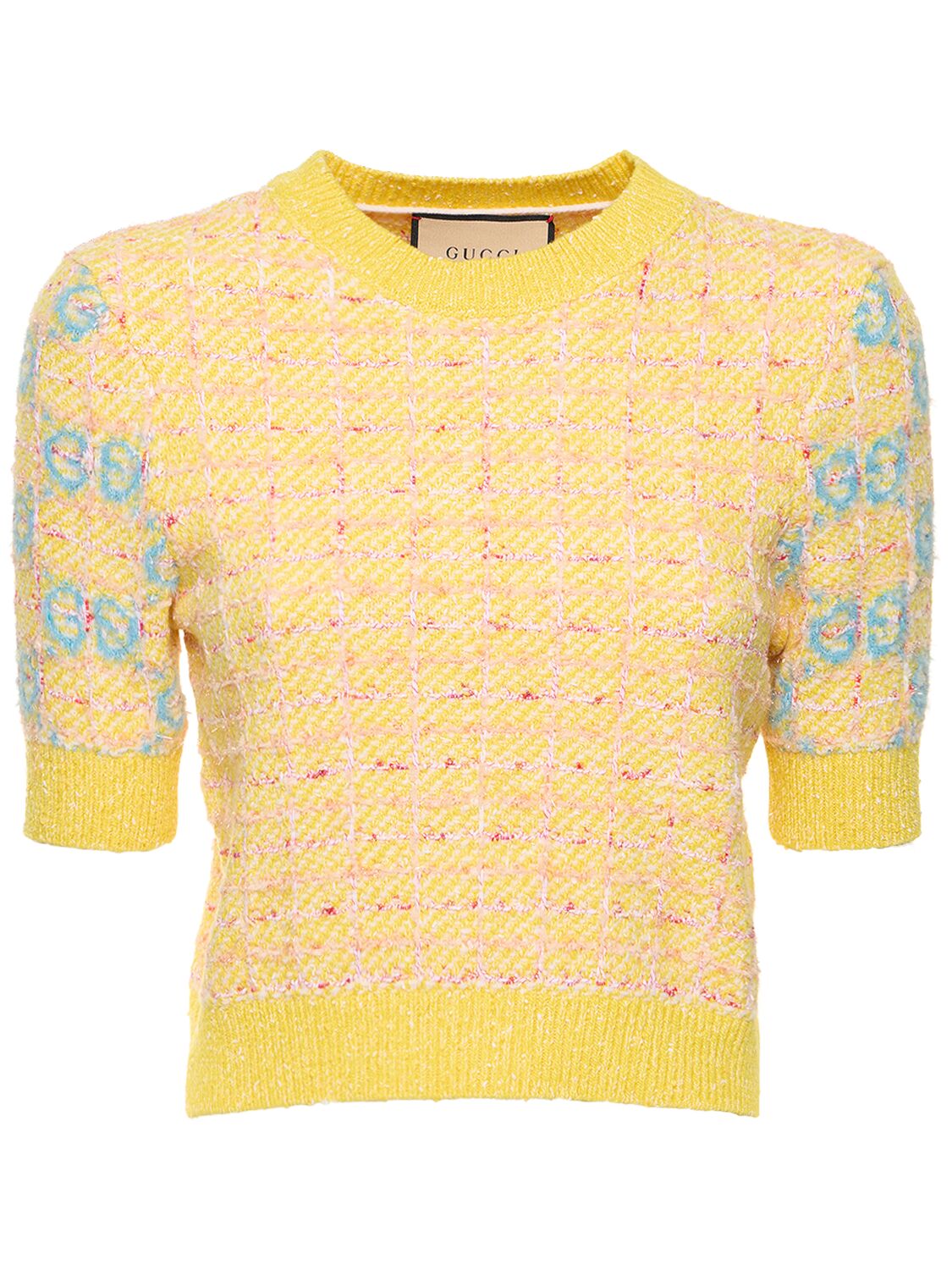 Shop Gucci Wool Blend Top W/ Gg Intarsia In Yellow,azure