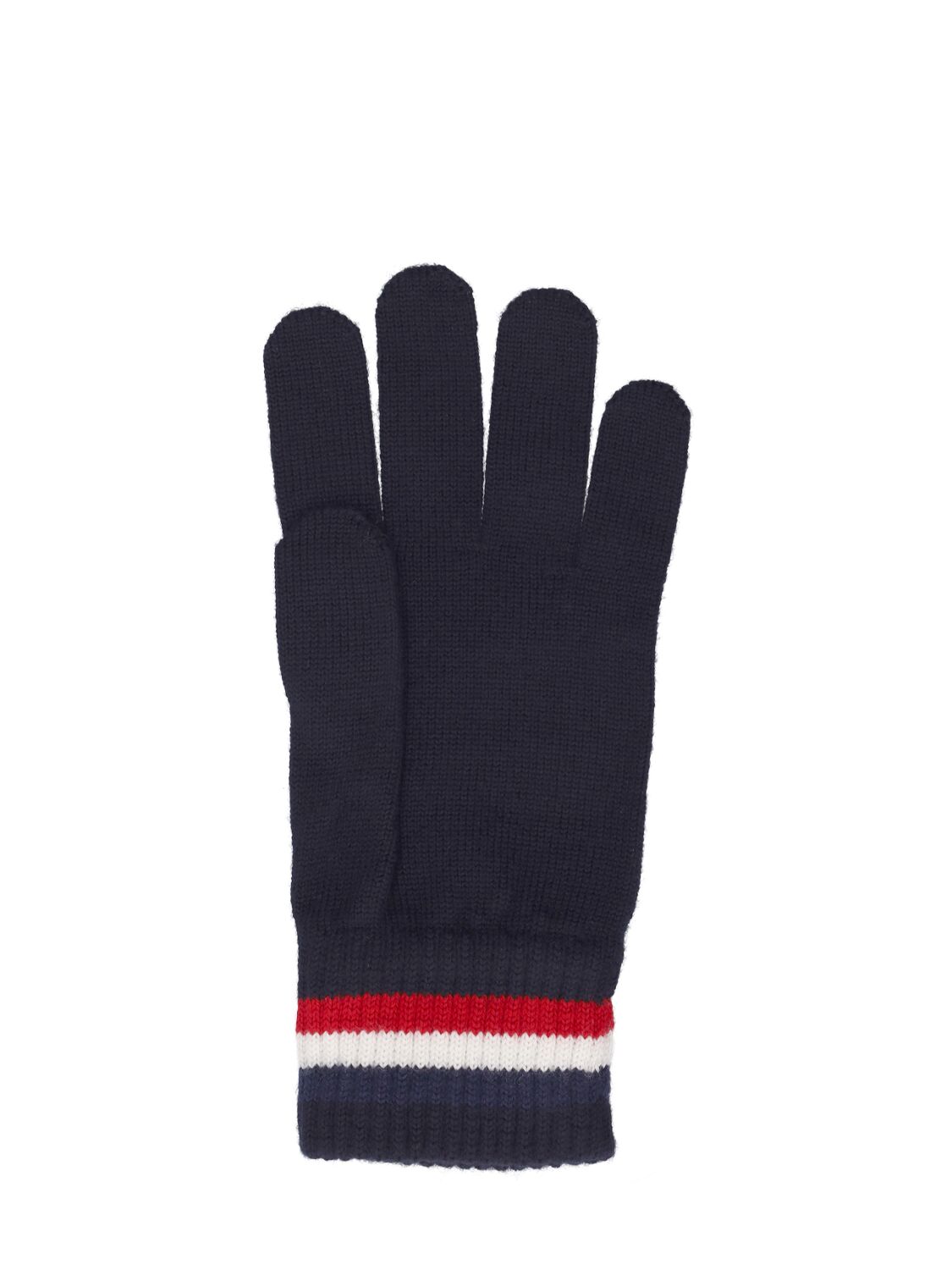 Shop Moncler Extrafine Wool Tricolor Gloves In Midnight Blue