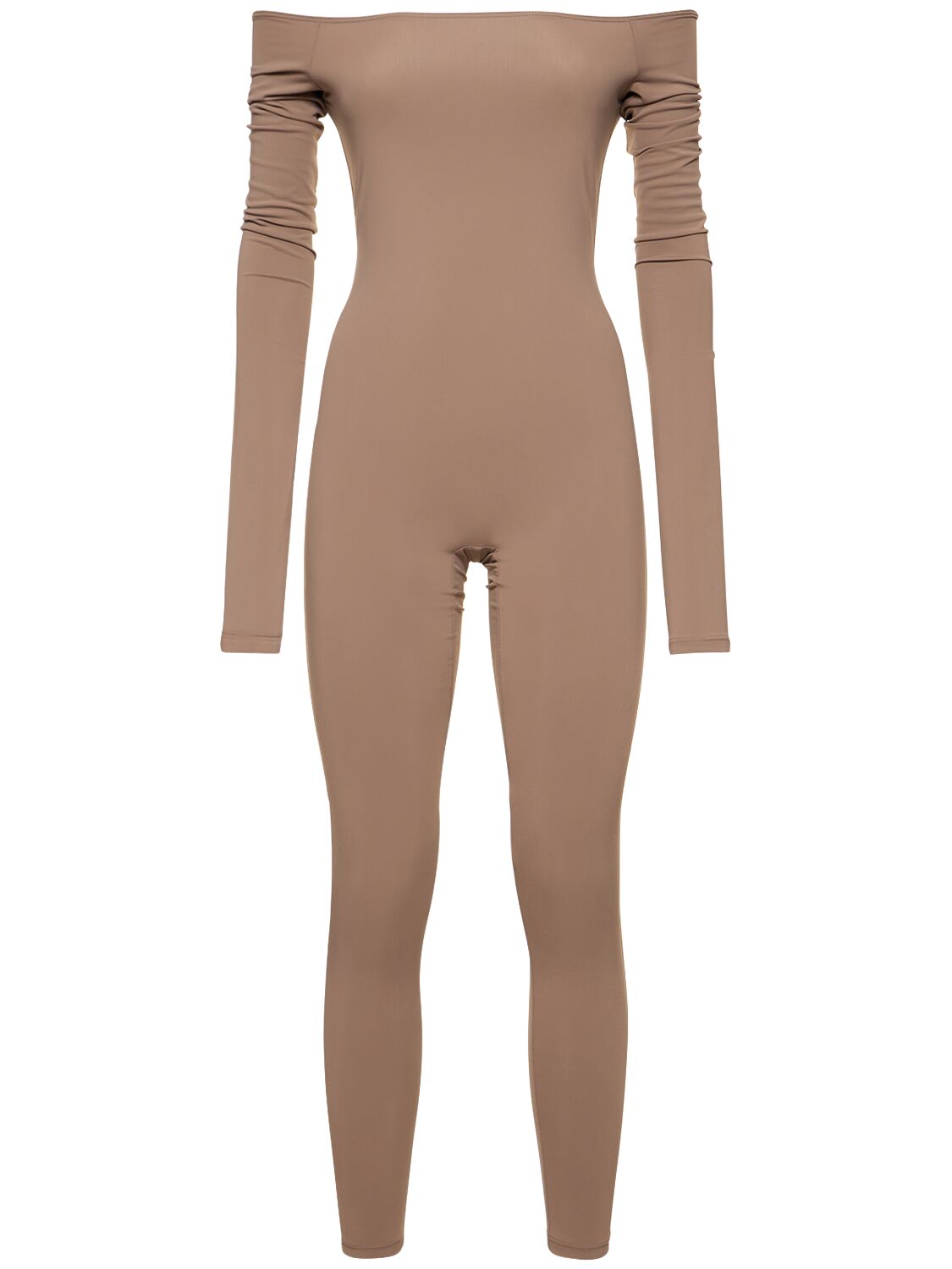 The Andamane Nadia Off-the-shoulder Jumpsuit In Brown