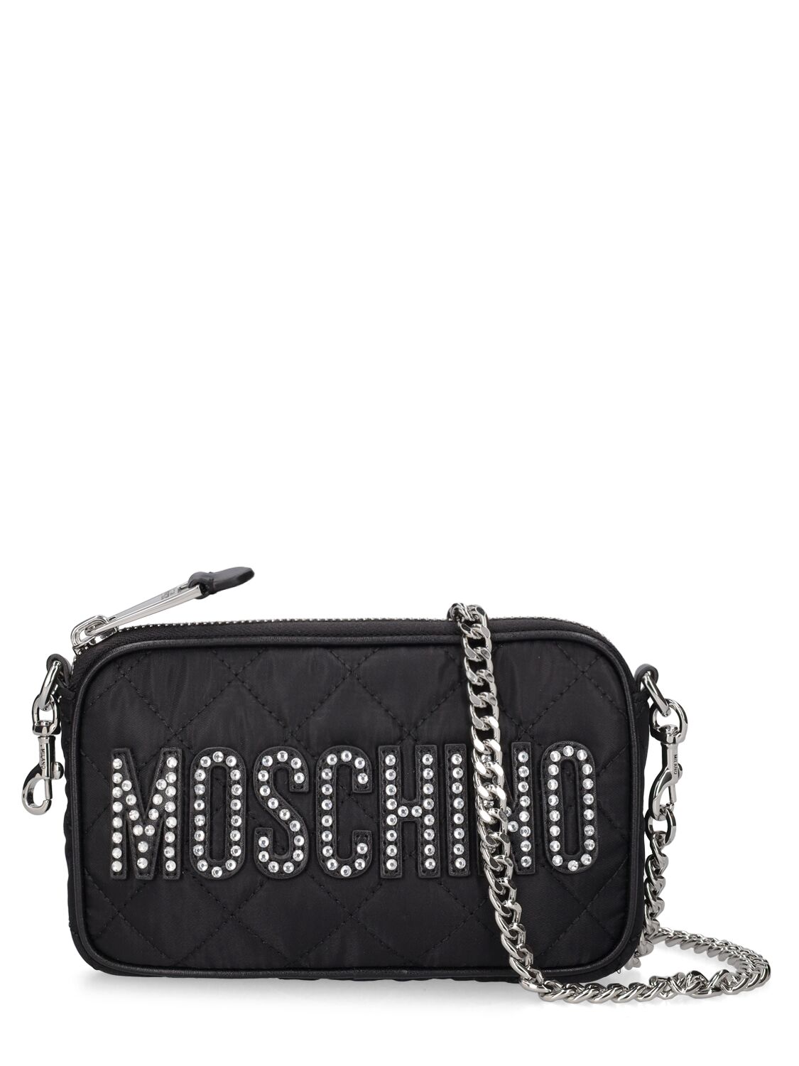 MOSCHINO CRYSTAL LOGO QUILTED NYLON SHOULDER BAG