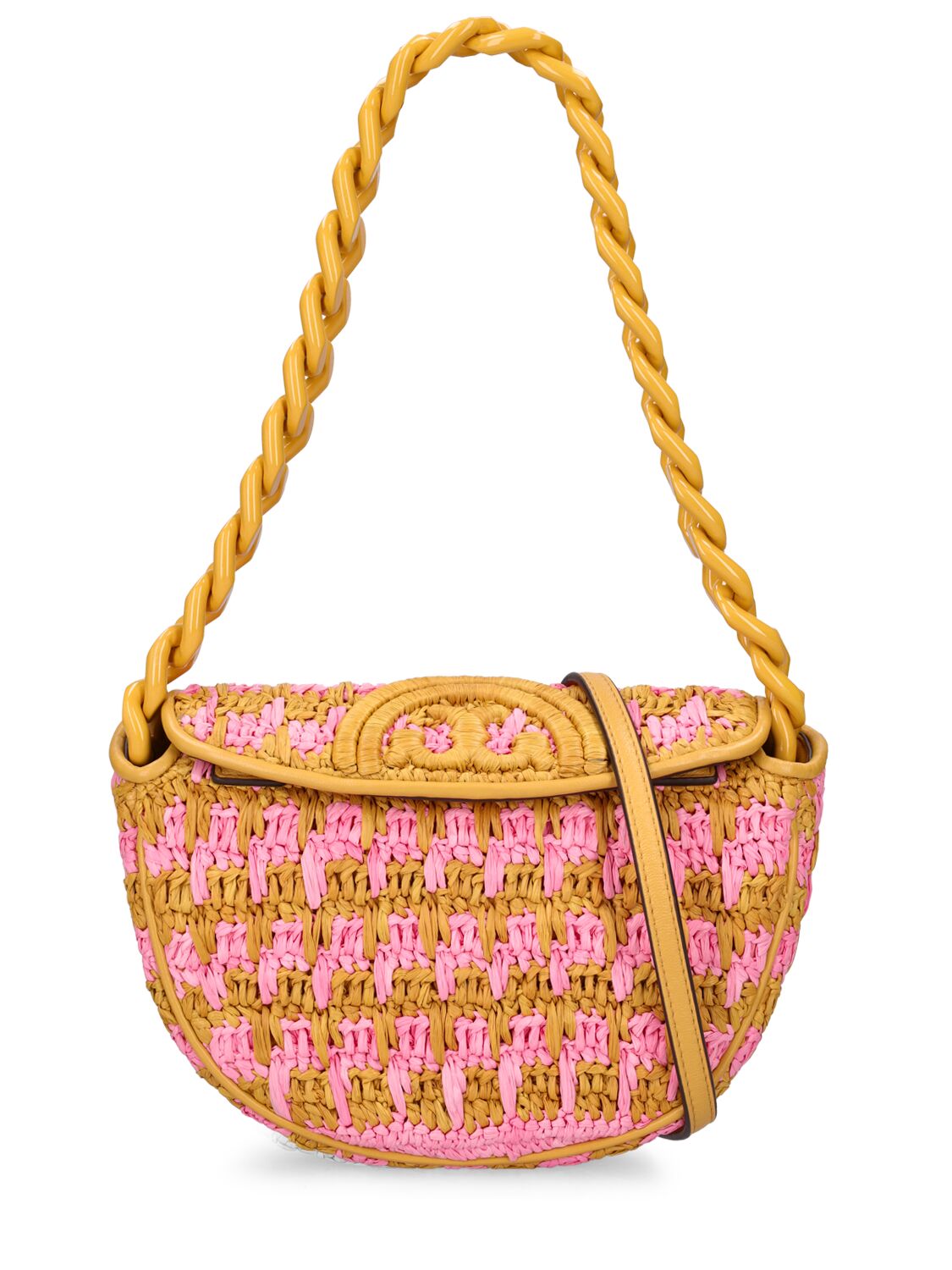 Tory Burch Mini Fleming Soft Crocheted Crescent Bag In Pink Carnation