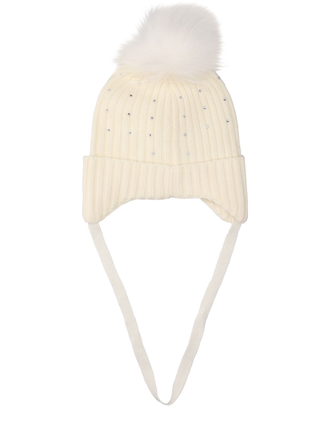 Shop Monnalisa Embellished Wool Hat W/ Faux Fur Pompom In White
