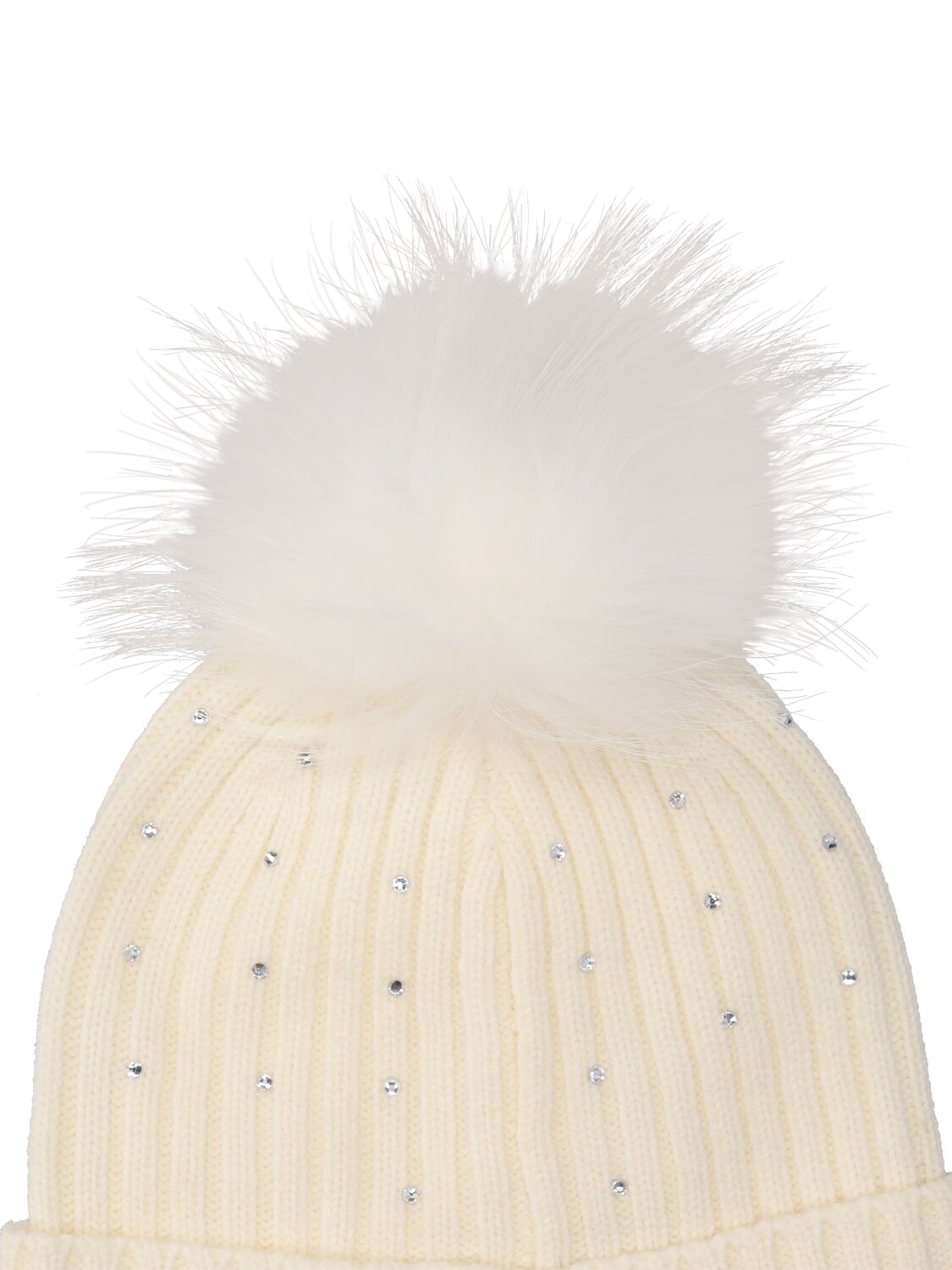 Shop Monnalisa Embellished Wool Hat W/ Faux Fur Pompom In White