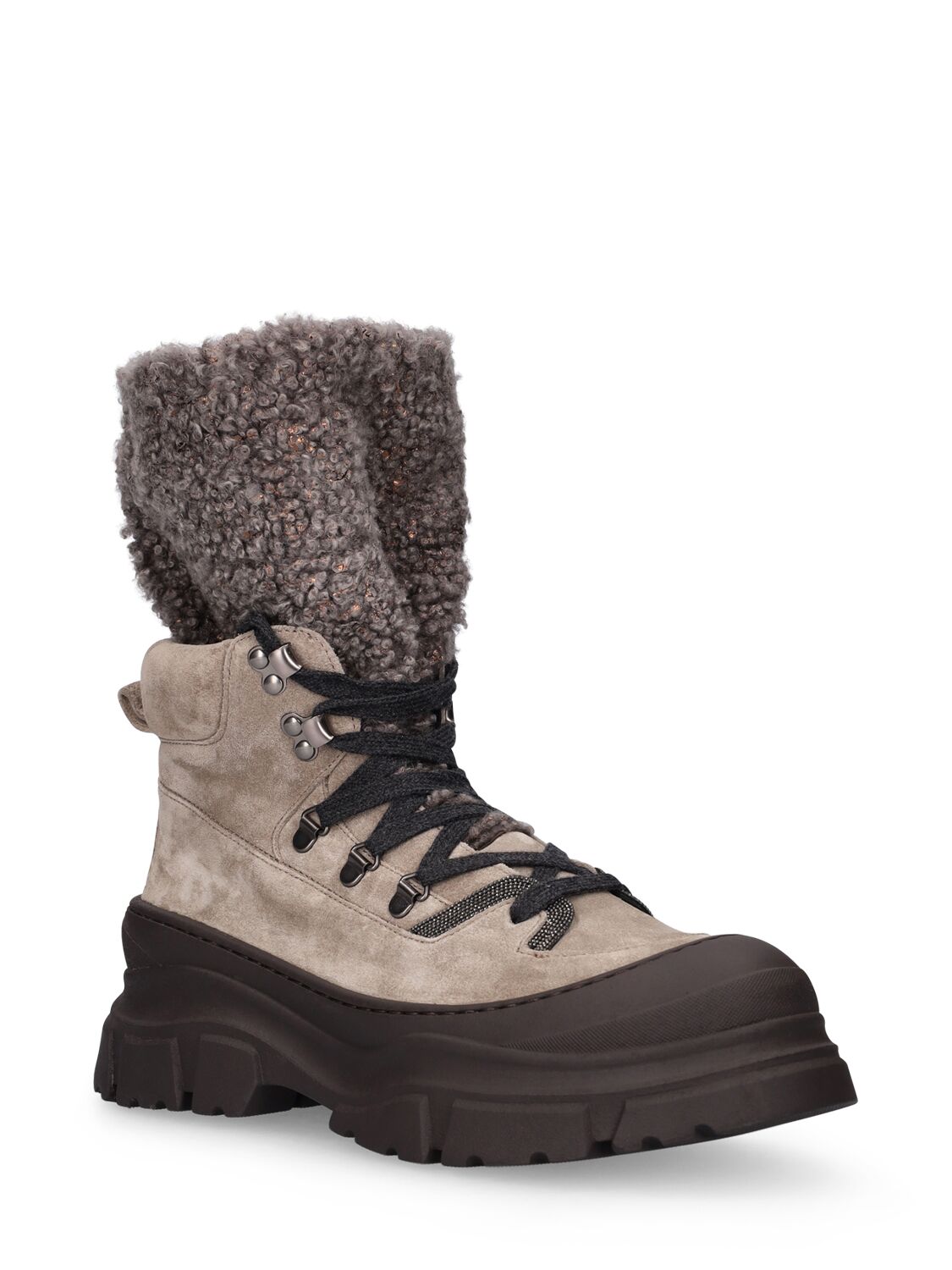 Shop Brunello Cucinelli 30mm Suede & Shearling Hiking Boots In Taupe