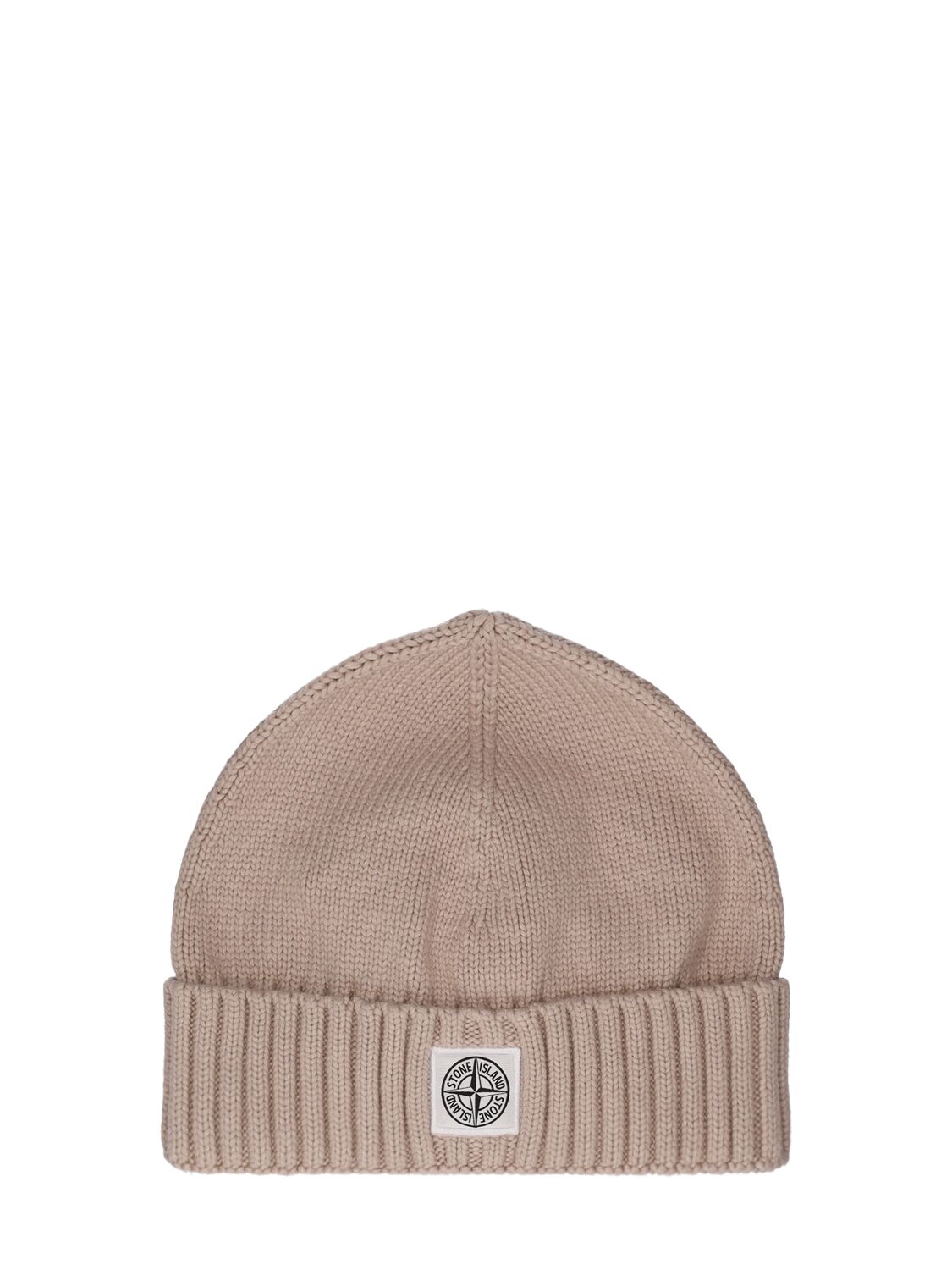 Stone Island Junior Logo Patch Cotton Blend Knit Beanie In Brown