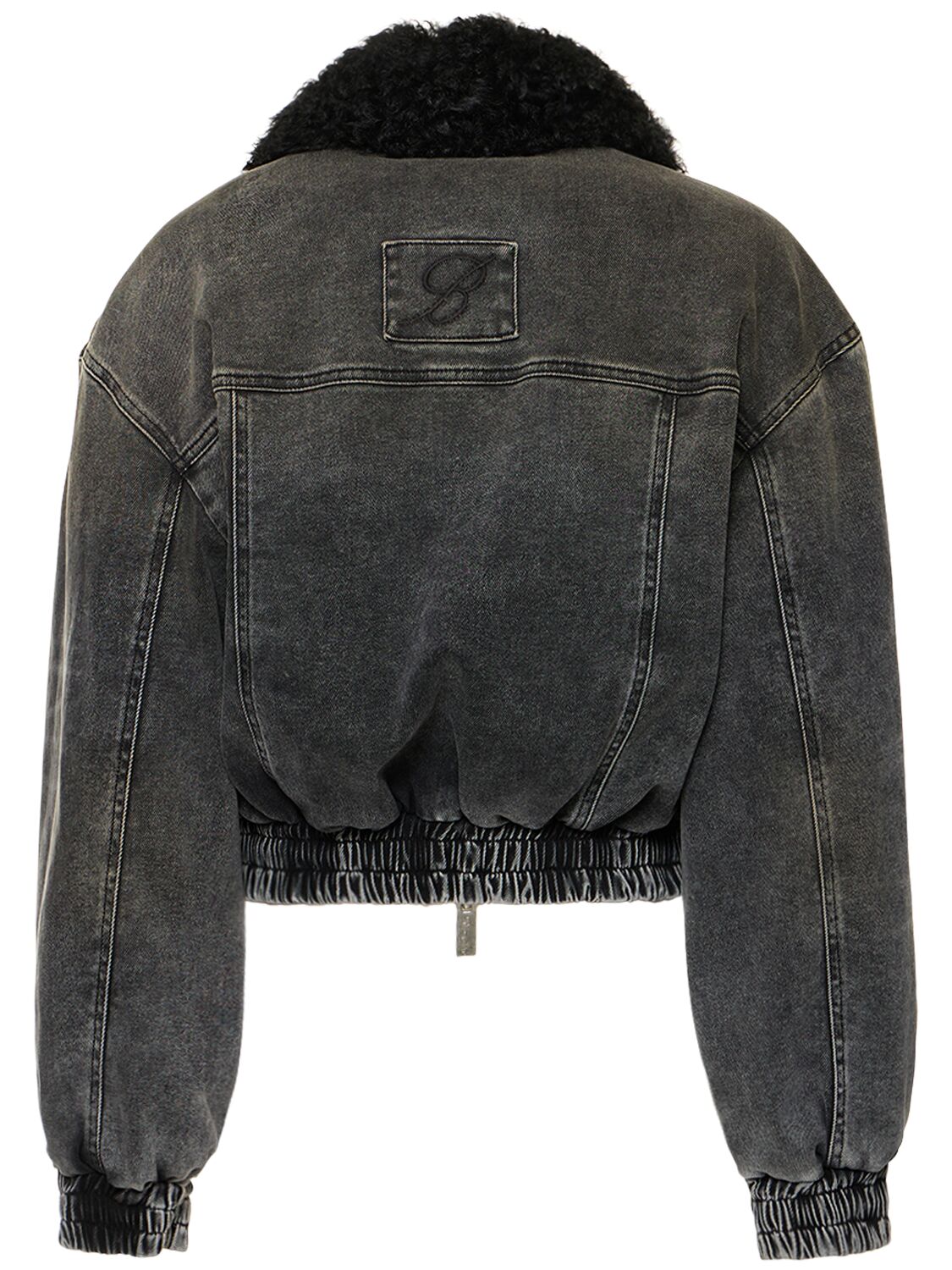 Shop Blumarine Denim Crop Jacket W/ Faux Fur Collar In Grey