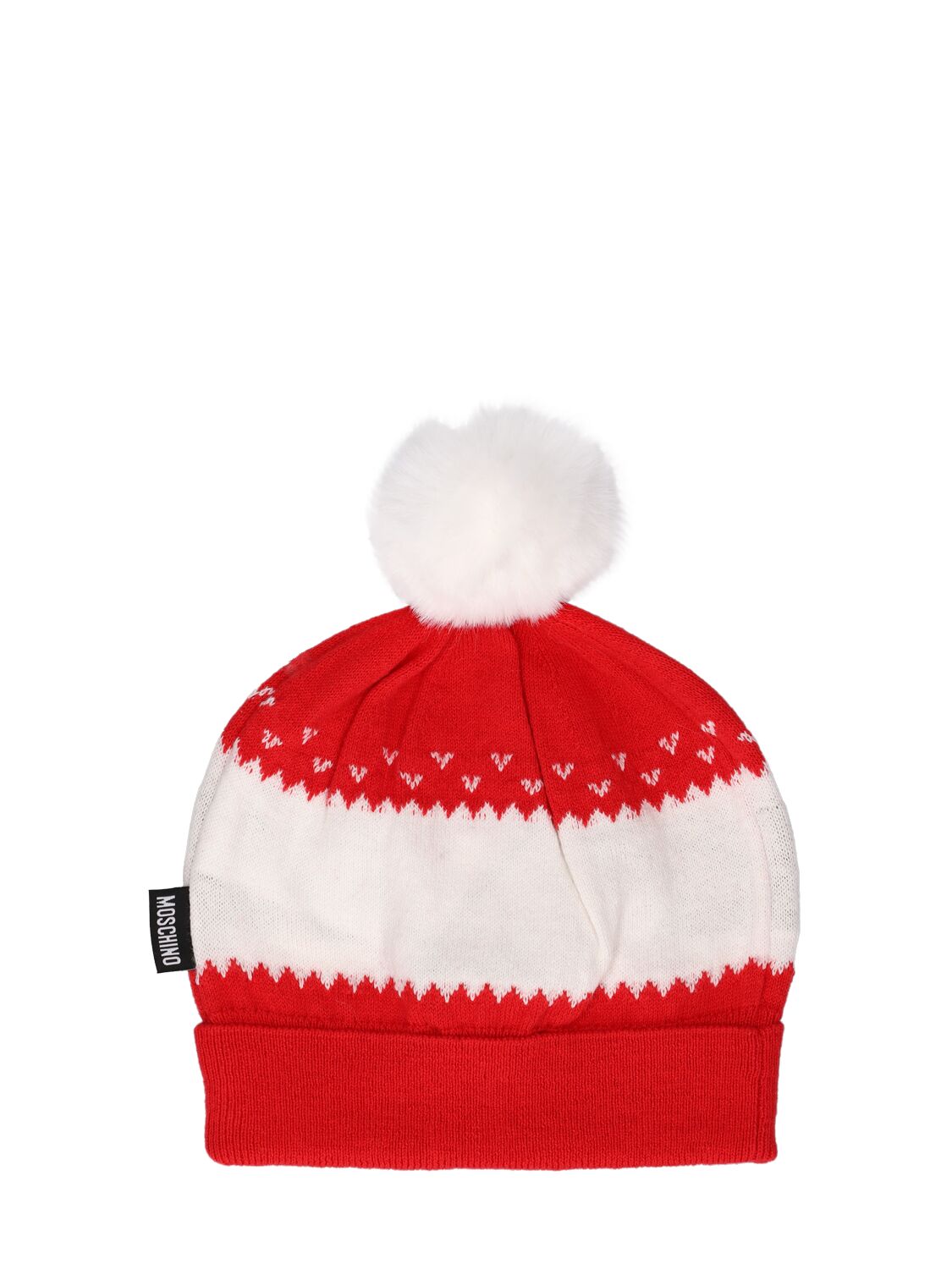 Shop Moschino Wool & Cotton Jacquard Beanie W/pompom In Red